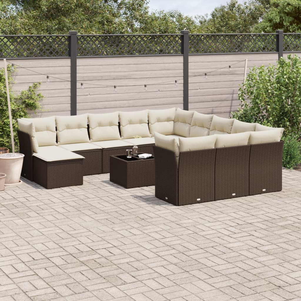 13 Pcs conjunto sofás p/ jardim c/ almofadões vime PE castanho