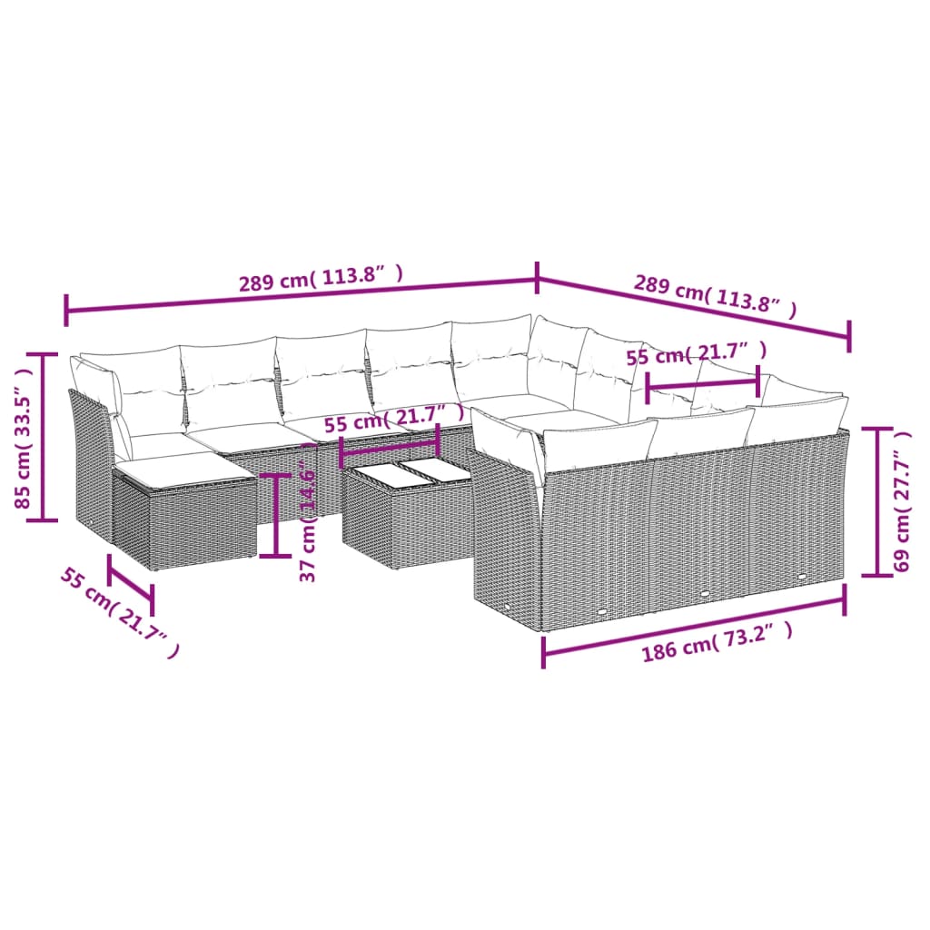 13 Pcs conjunto sofás p/ jardim c/ almofadões vime PE castanho