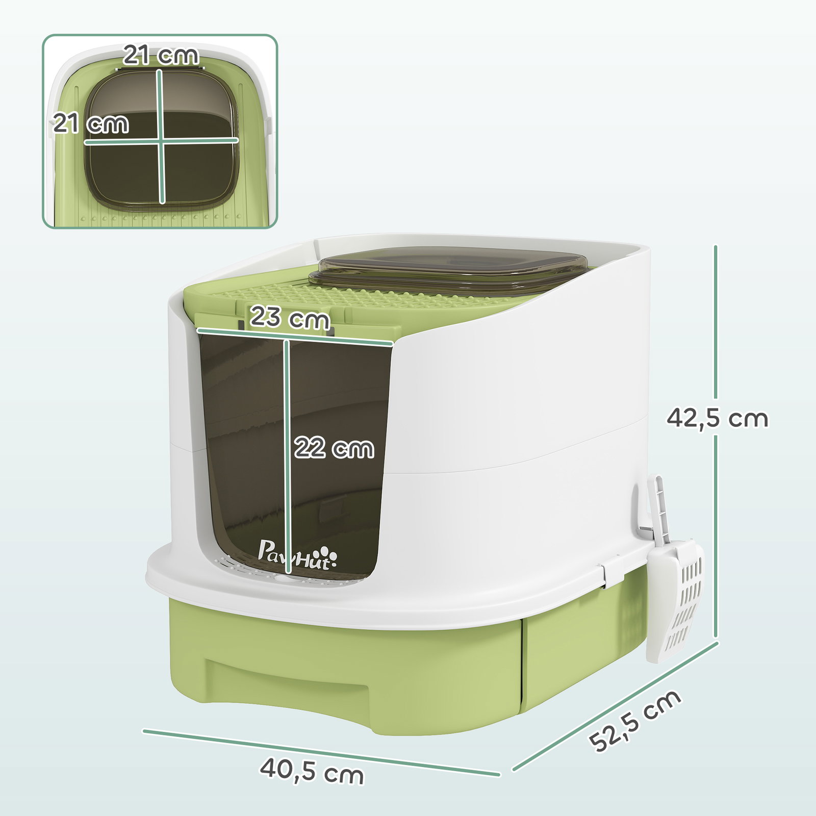 Caixa de areia para gatos fechada com entrada frontal saída superior tampa amovível bandeja e pá 40,5x52,5x42,5 cm verde