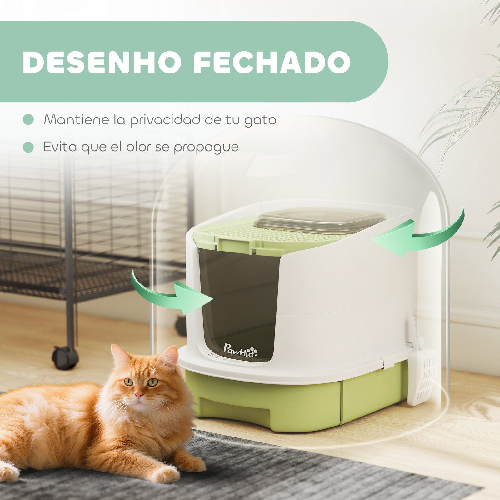 Caixa de areia para gatos fechada com entrada frontal saída superior tampa amovível bandeja e pá 40,5x52,5x42,5 cm verde