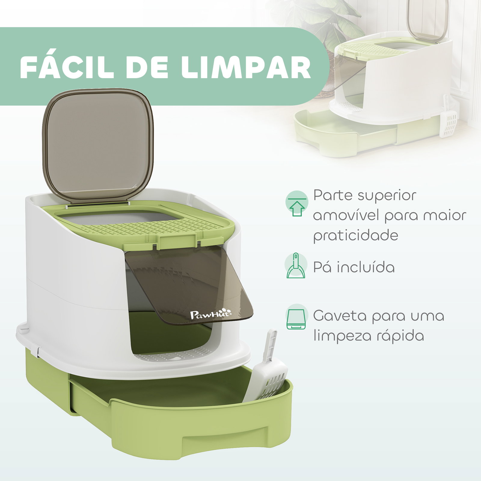 Caixa de areia para gatos fechada com entrada frontal saída superior tampa amovível bandeja e pá 40,5x52,5x42,5 cm verde