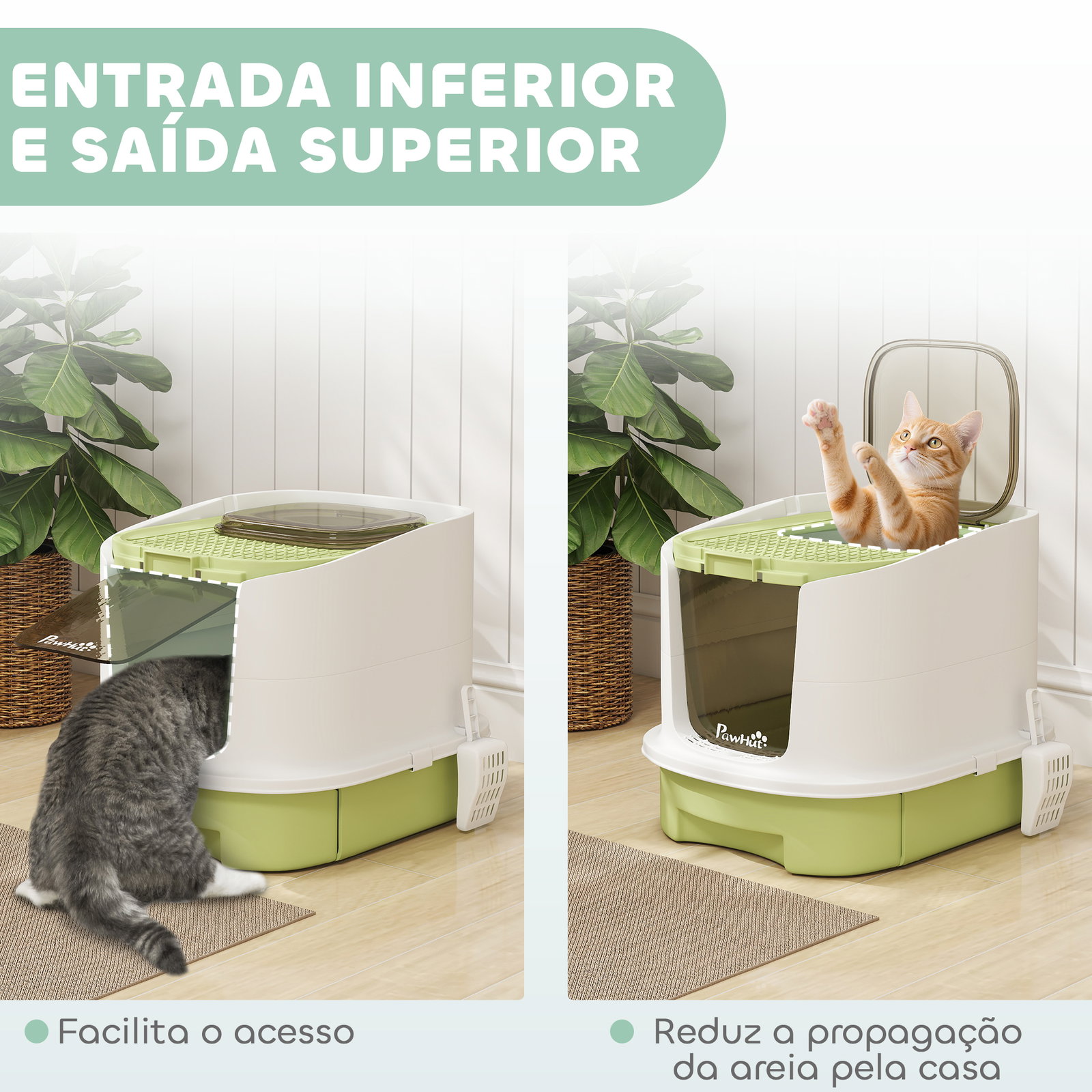 Caixa de areia para gatos fechada com entrada frontal saída superior tampa amovível bandeja e pá 40,5x52,5x42,5 cm verde