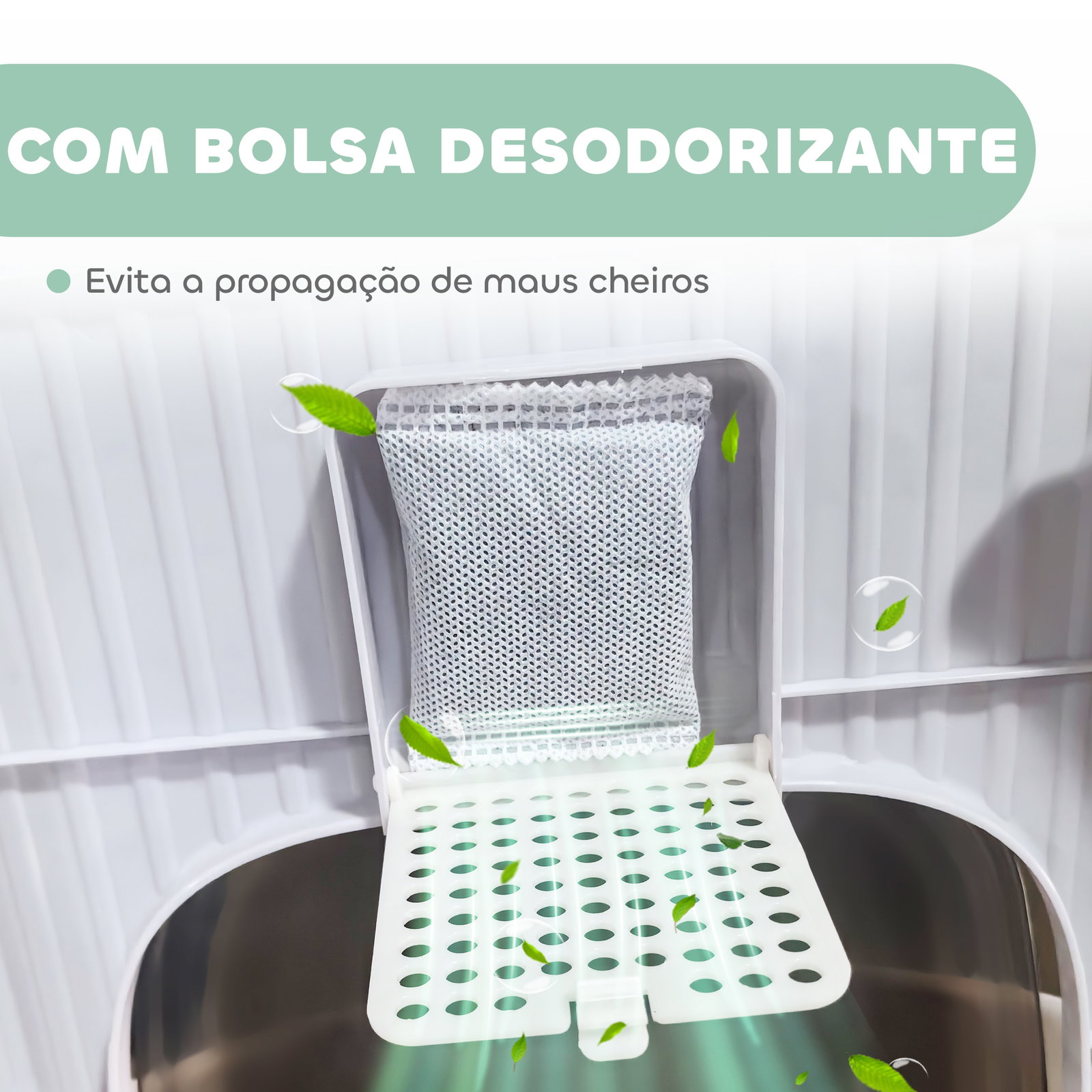 Caixa de areia para gatos fechada com entrada frontal saída superior tampa amovível bandeja e pá 40,5x52,5x42,5 cm verde
