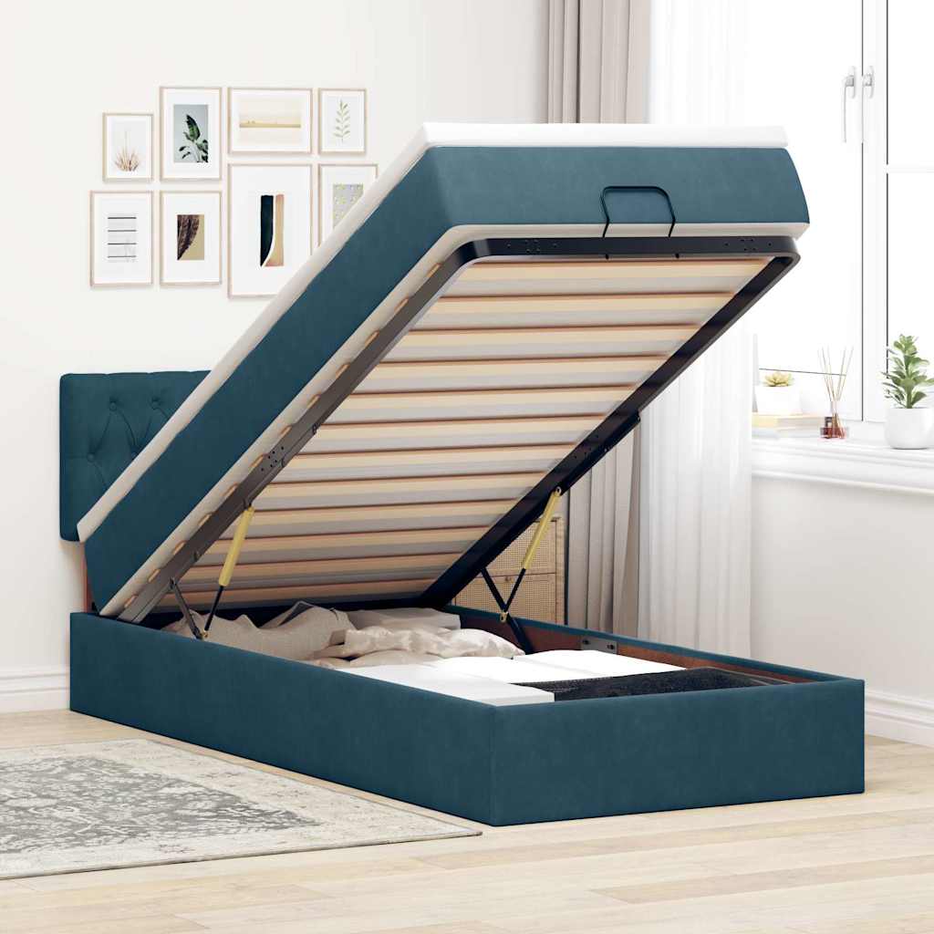 Estrutura cama otomana com colchão azul escuro 90x190cm veludo