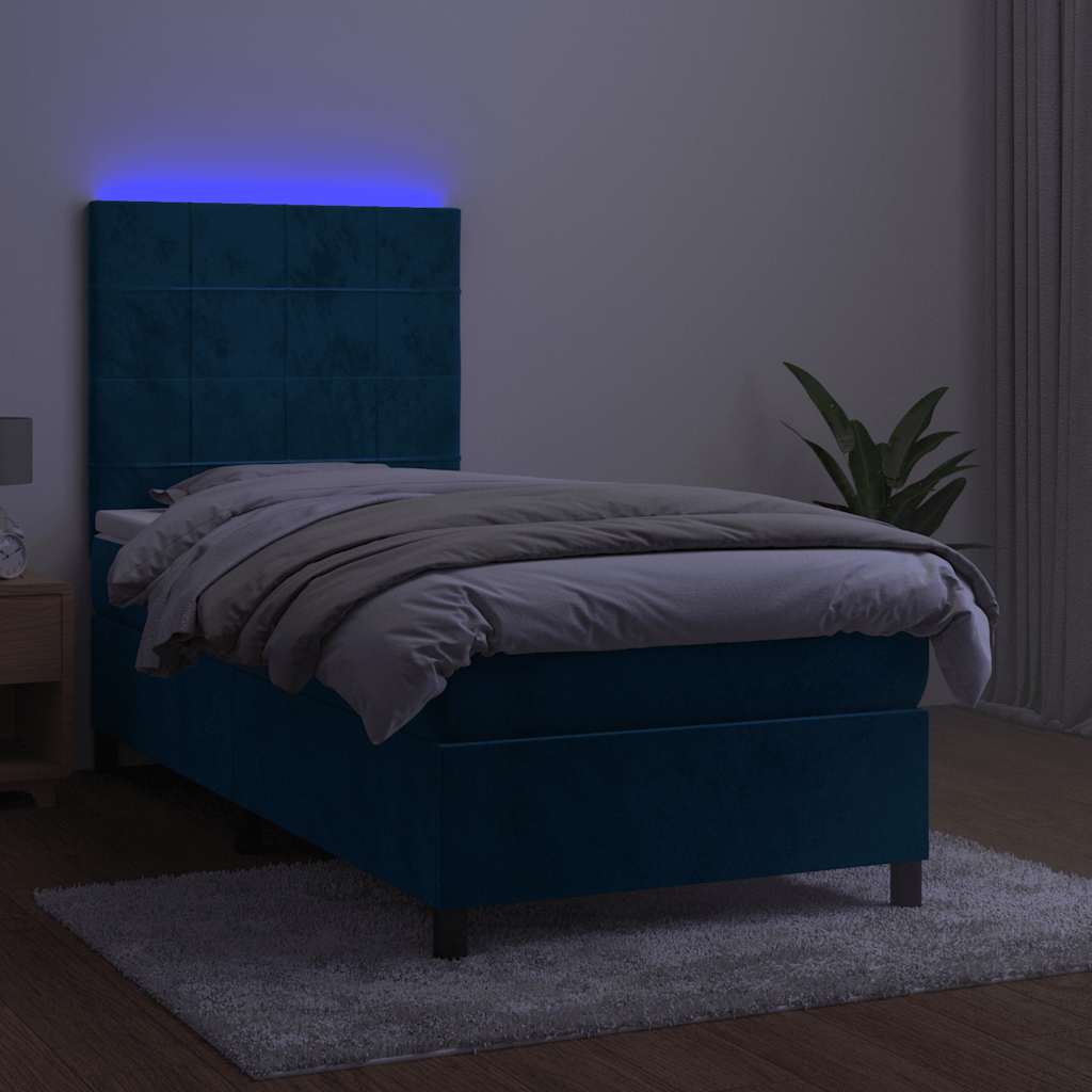 Cama box spring c/ colchão/LED 80x200 cm veludo azul-escuro