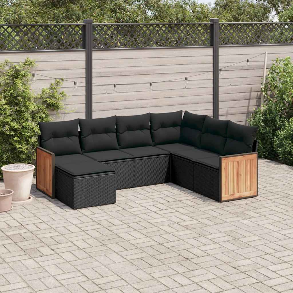7 Pcs conjunto de sofás p/ jardim c/ almofadões vime PE preto