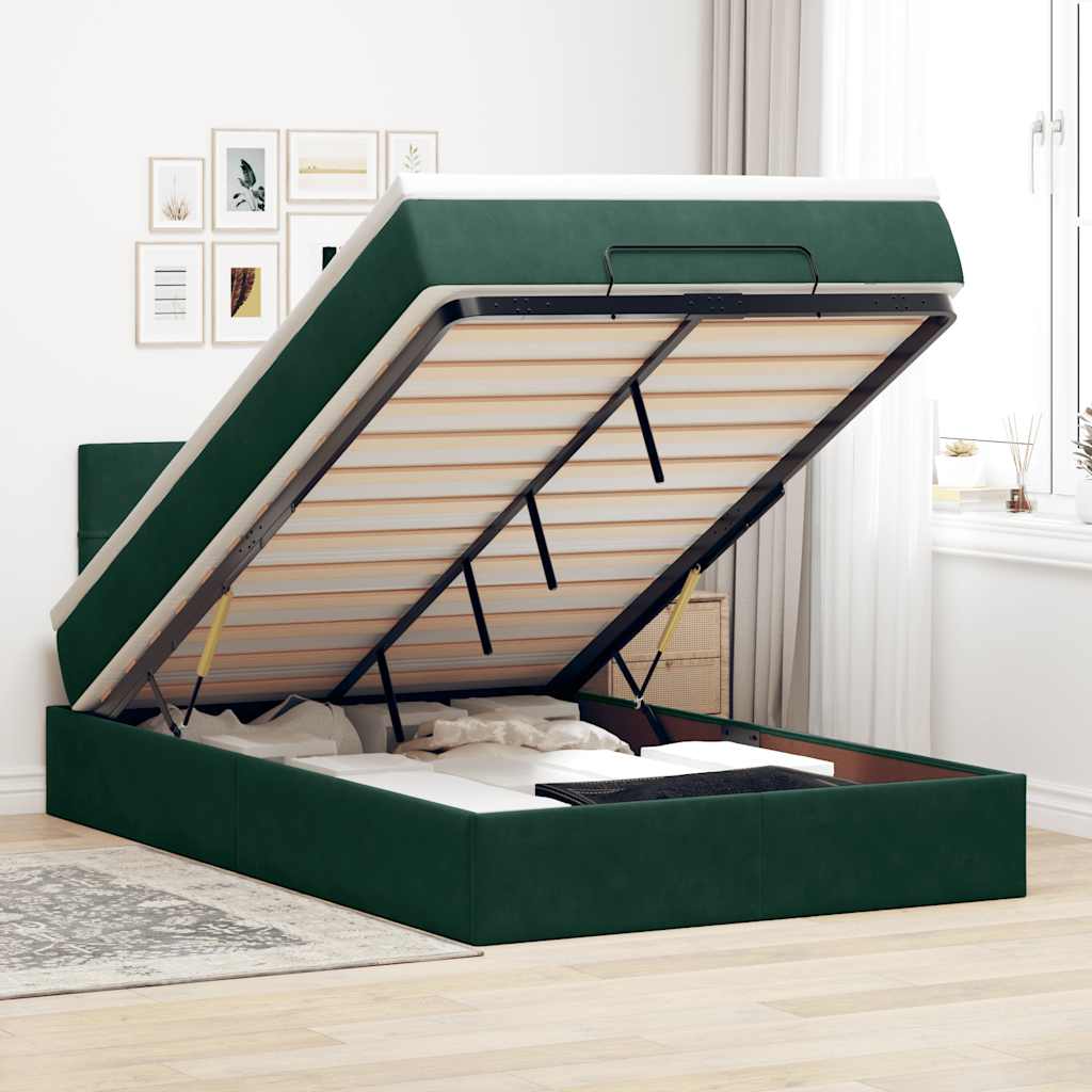 Cama otomana com colchão & leds 120x190cm veludo verde-escuro