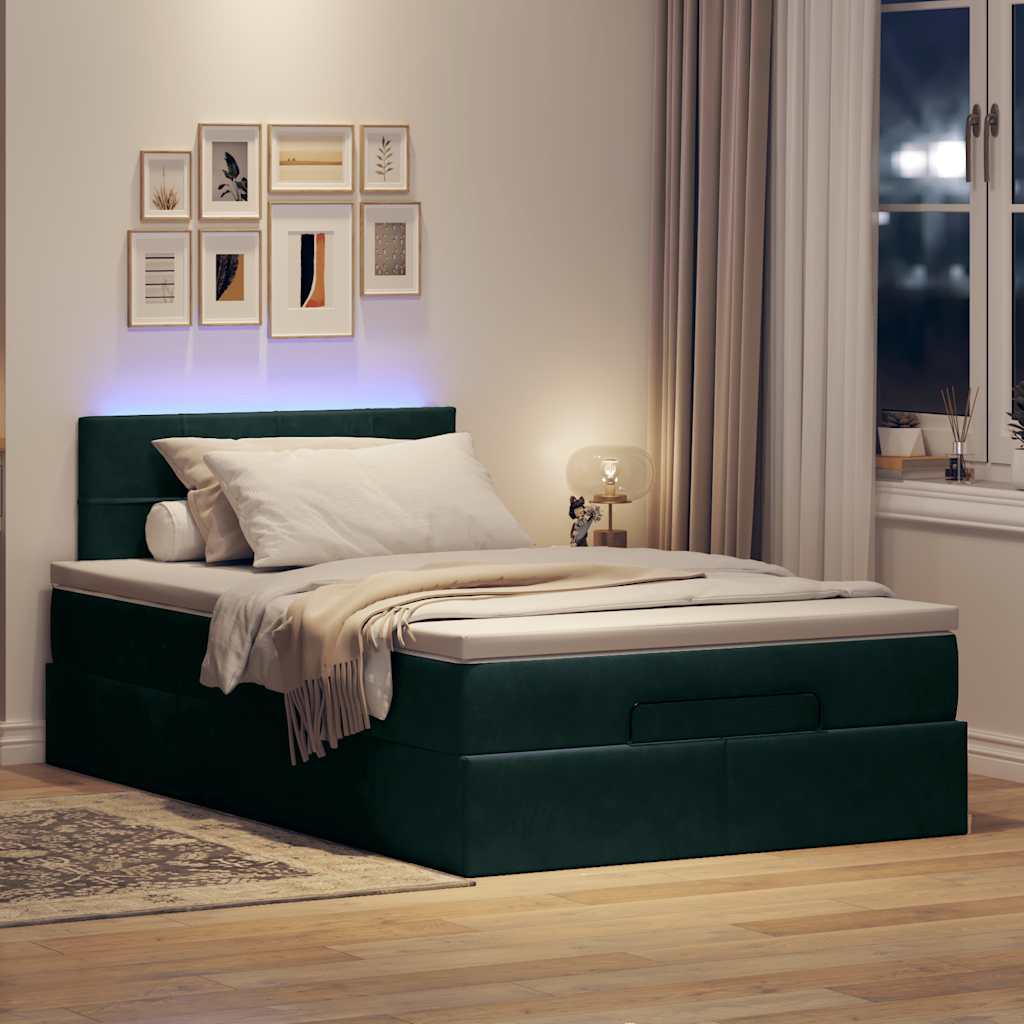 Cama otomana com colchão & leds 120x190cm veludo verde-escuro