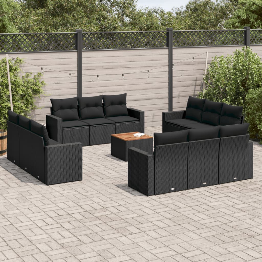 13 Pcs conjunto de sofás de jardim com almofadões vime PE preto