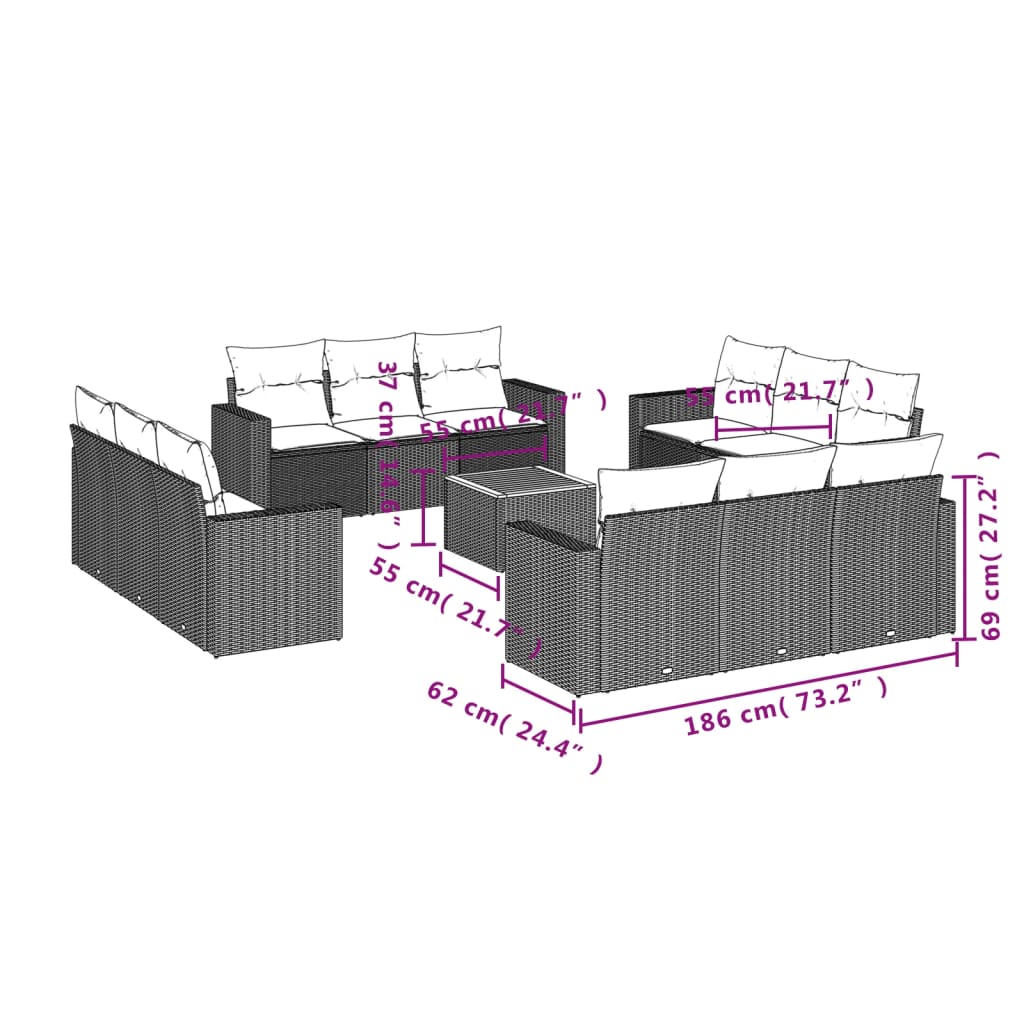 13 Pcs conjunto de sofás de jardim com almofadões vime PE preto