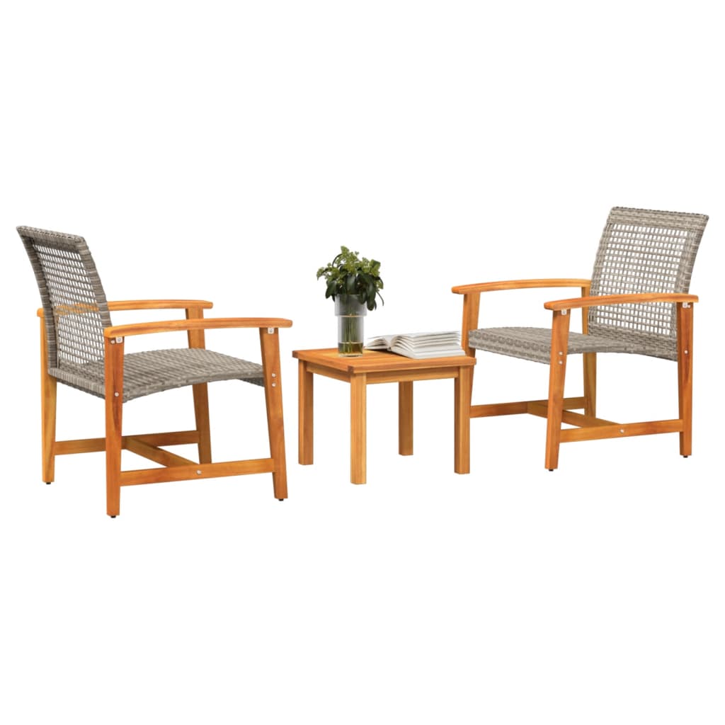 3 Pcs conjunto de bistrô vime PE e madeira de acácia cinzento