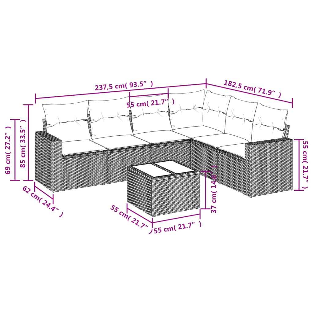 7 Pcs conjunto sofás p/ jardim c/ almofadões vime PE cinzento