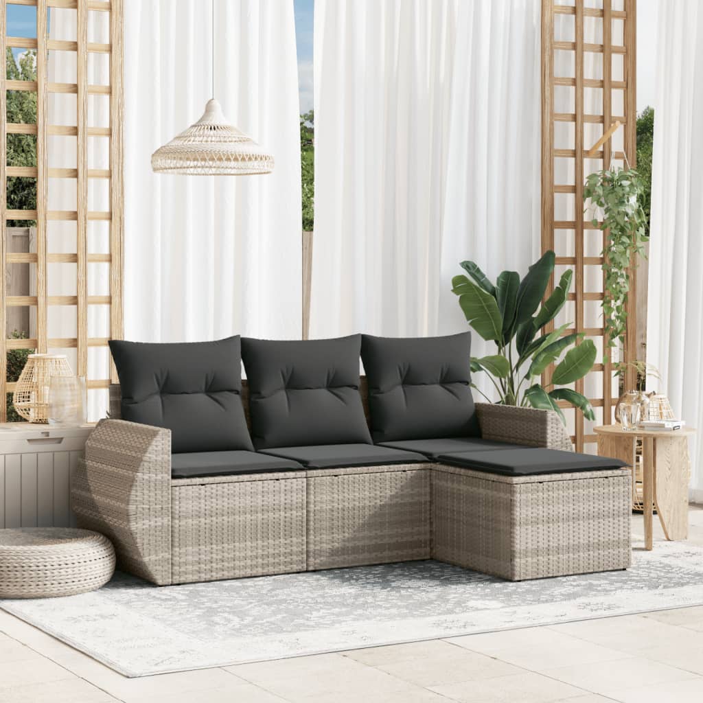 4 Pcs conj. sofás jardim c/ almofadões vime PE cinzento-claro