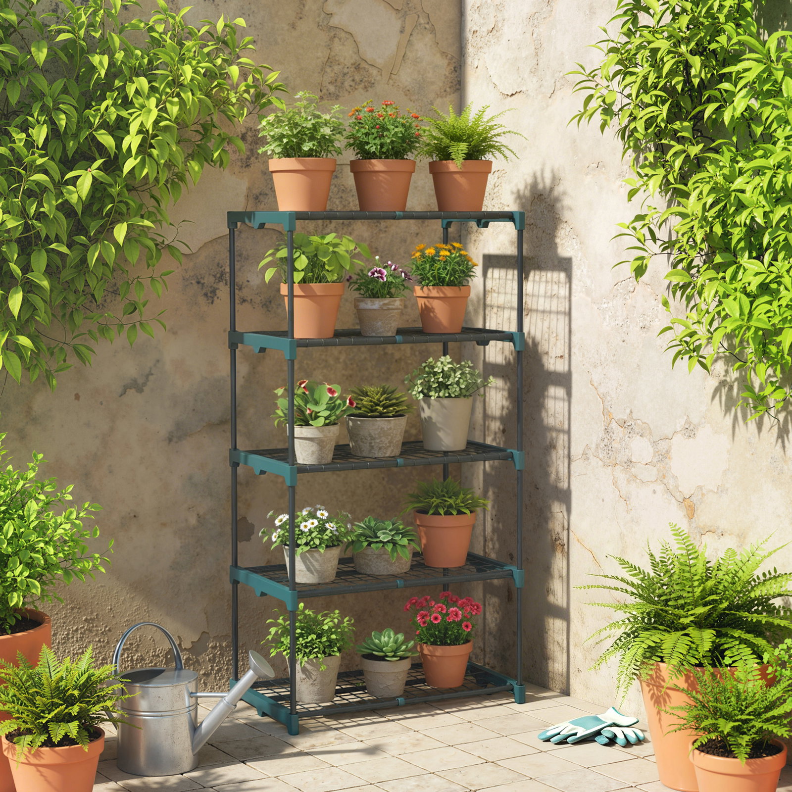 Suporte para plantas de 5 níveis, estante de aço com prateleiras de rede, 67x49x138 cm, verde escuro