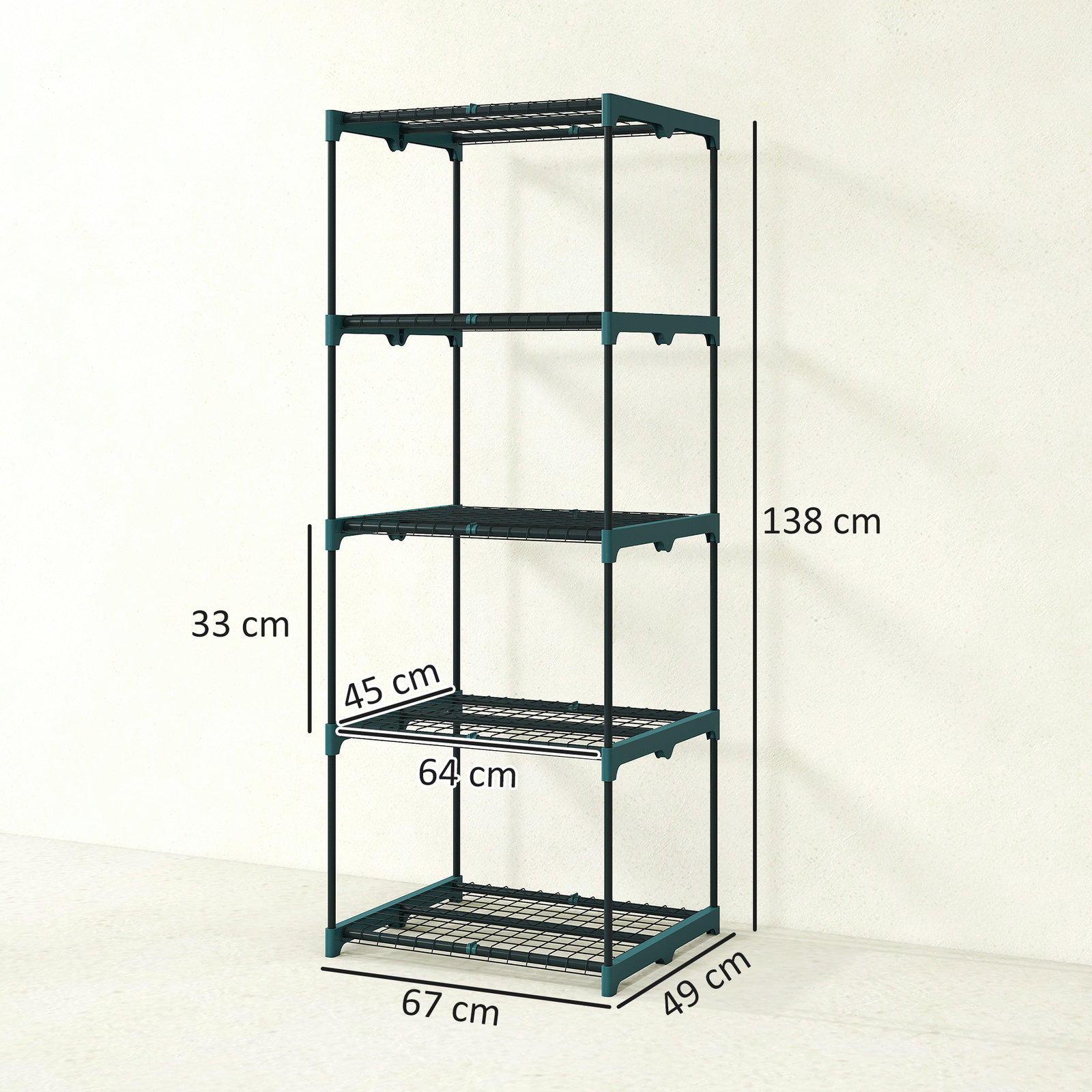 Suporte para plantas de 5 níveis, estante de aço com prateleiras de rede, 67x49x138 cm, verde escuro