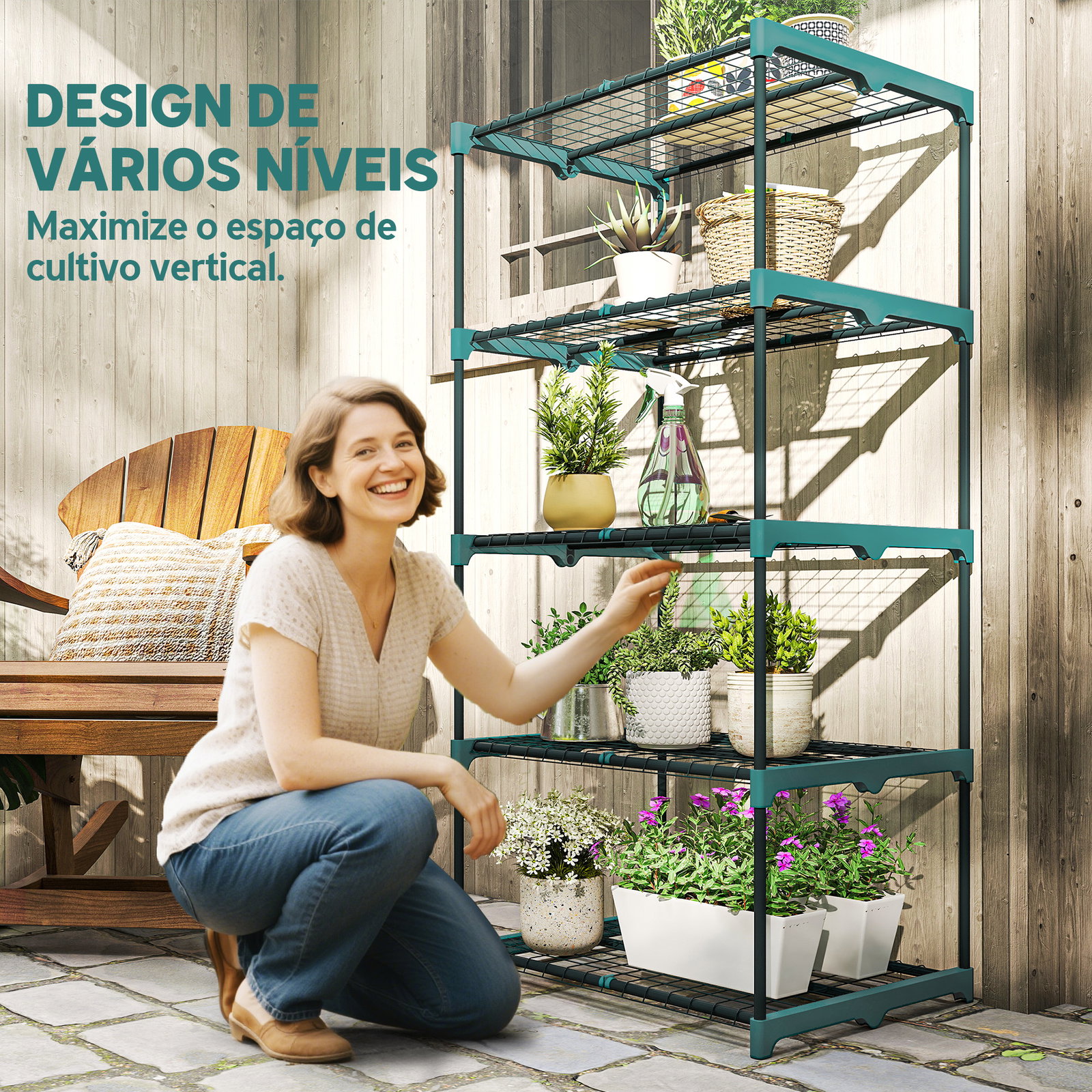 Suporte para plantas de 5 níveis, estante de aço com prateleiras de rede, 67x49x138 cm, verde escuro