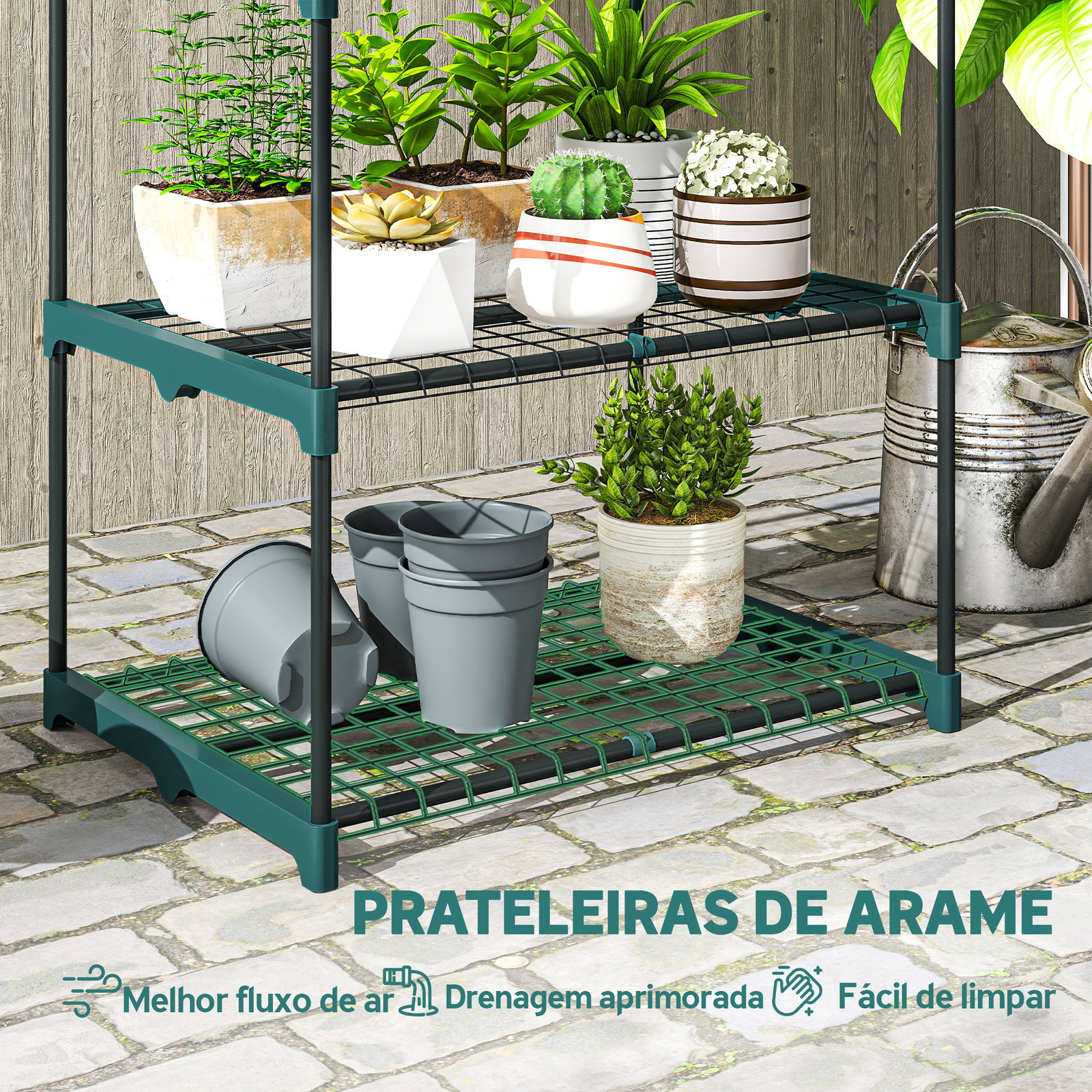 Suporte para plantas de 5 níveis, estante de aço com prateleiras de rede, 67x49x138 cm, verde escuro