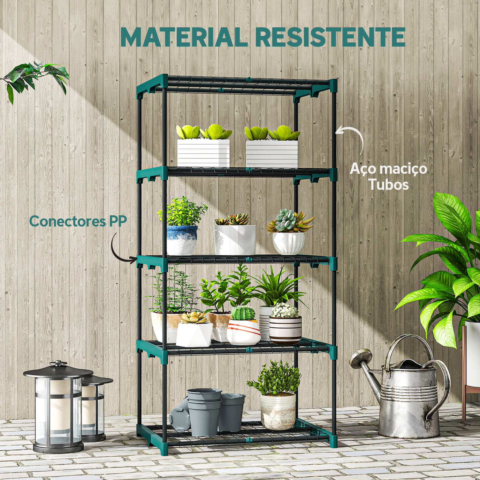 Suporte para plantas de 5 níveis, estante de aço com prateleiras de rede, 67x49x138 cm, verde escuro
