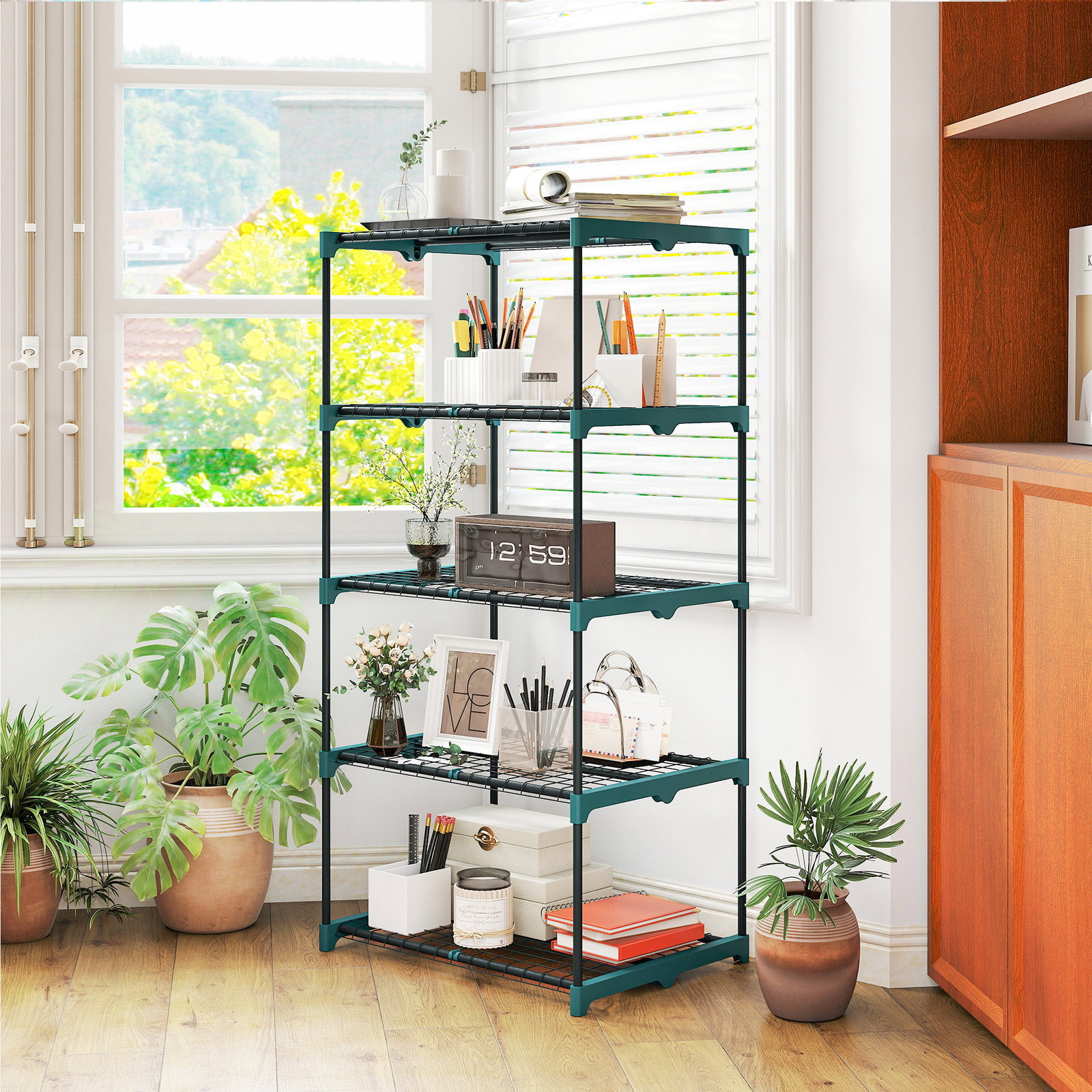 Suporte para plantas de 5 níveis, estante de aço com prateleiras de rede, 67x49x138 cm, verde escuro