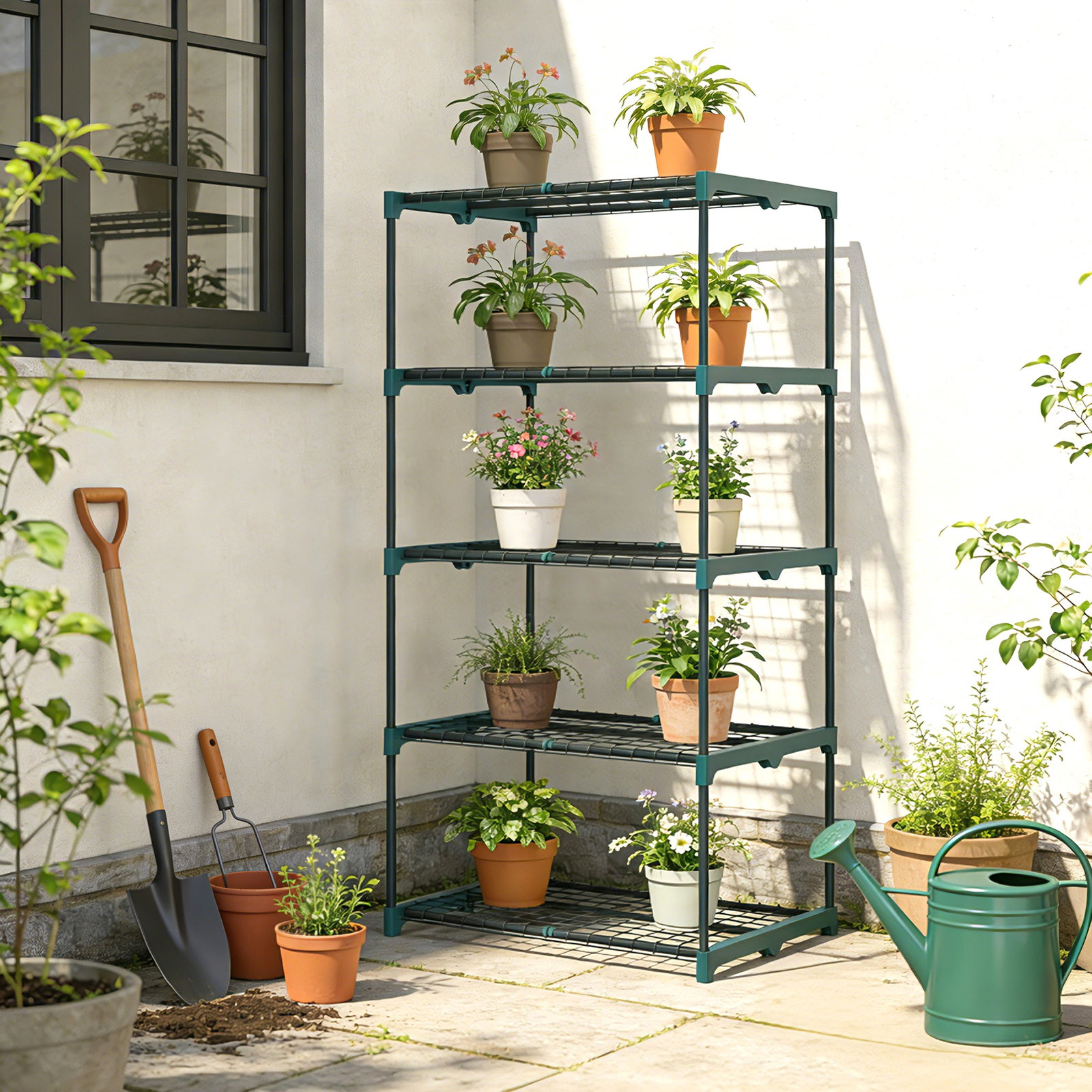 Suporte para plantas de 5 níveis, estante de aço com prateleiras de rede, 67x49x138 cm, verde escuro