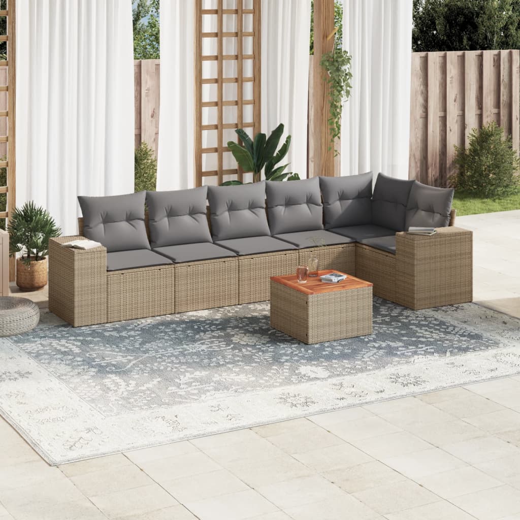 7 Pcs conjunto de sofás p/ jardim com almofadões vime PE bege