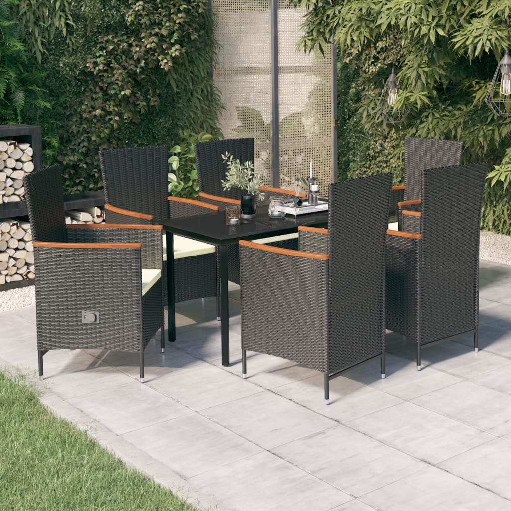 7 Pcs conjunto de jantar para jardim com almofadões preto