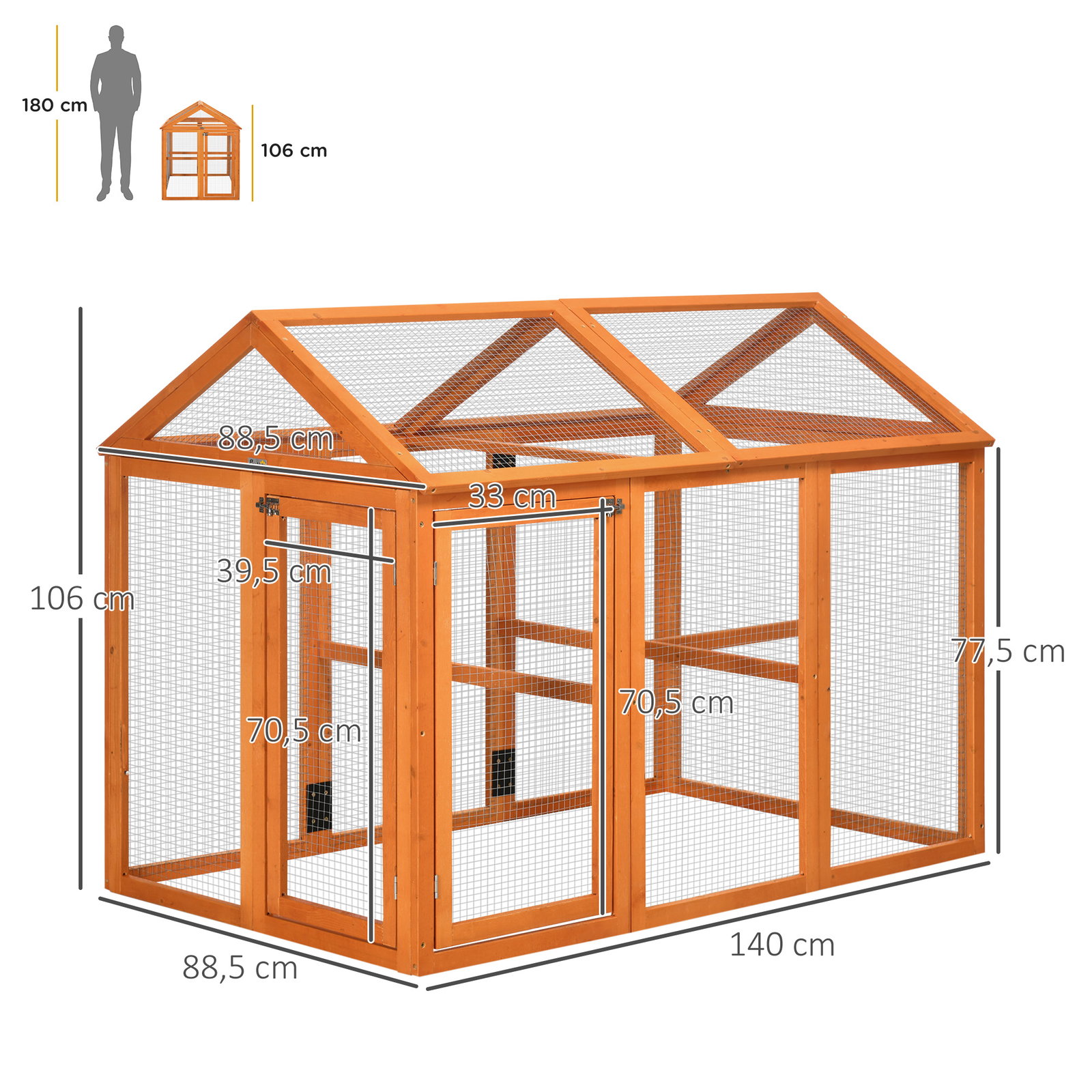 Galinheiro para exterior 140x88,5x106 cm para 1-3 galinhas com estrutura de madeira e 2 portas com fechadura madeira