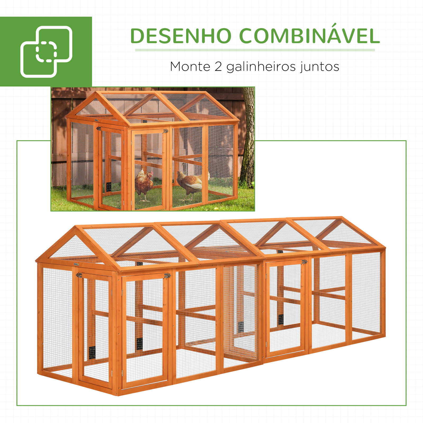 Galinheiro para exterior 140x88,5x106 cm para 1-3 galinhas com estrutura de madeira e 2 portas com fechadura madeira