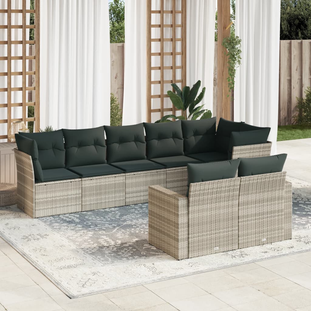 8 Pcs conj. sofás jardim c/ almofadões vime PE cinzento-claro
