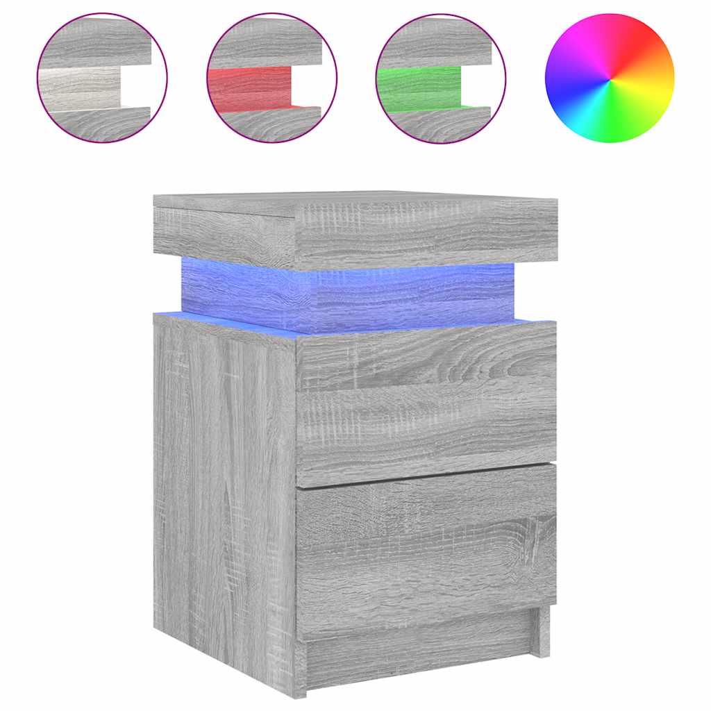 Mesa de cabeceira com luzes LED 35x39x55 cm cinzento-sonoma