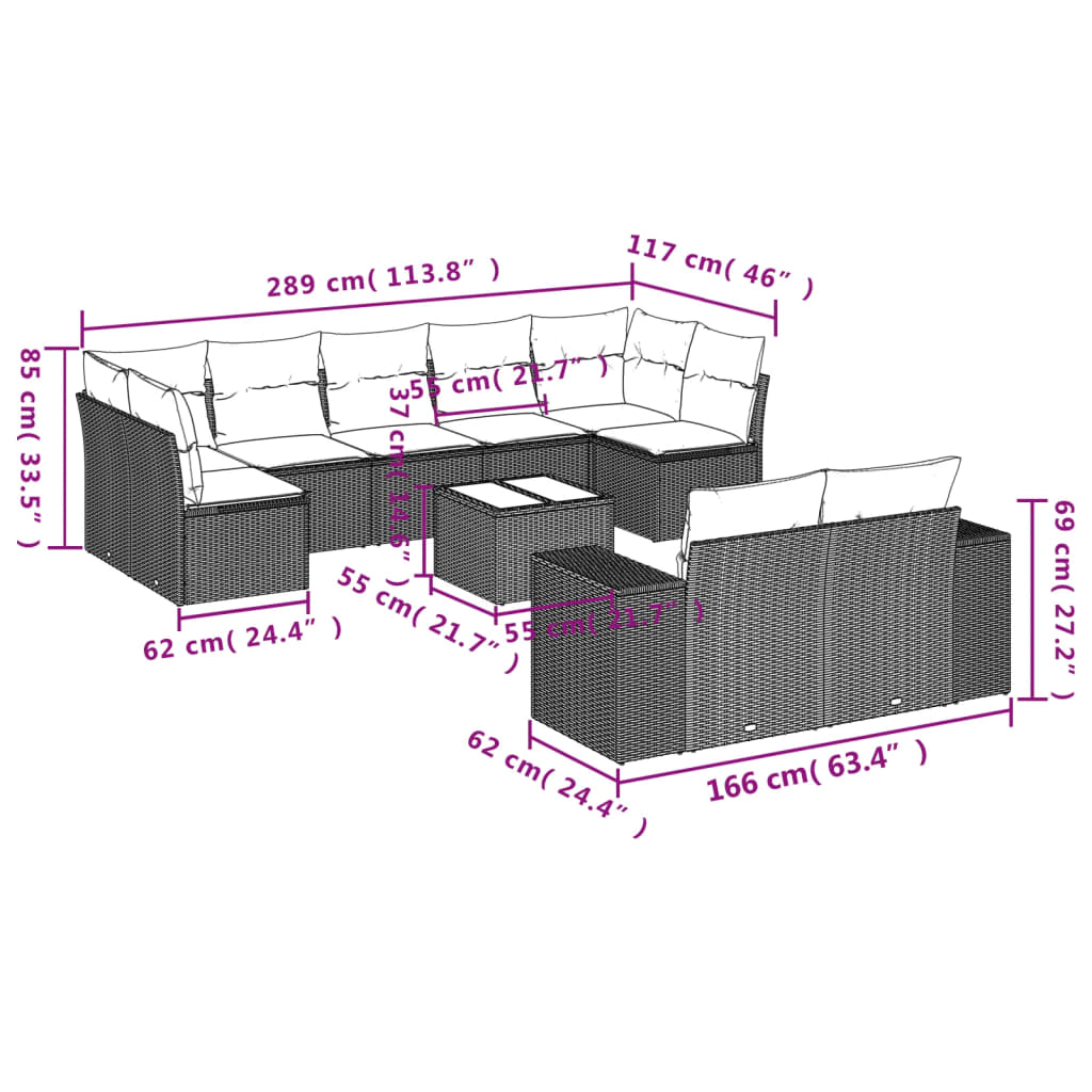 10 Pcs conjunto de sofás p/ jardim com almofadões vime PE bege