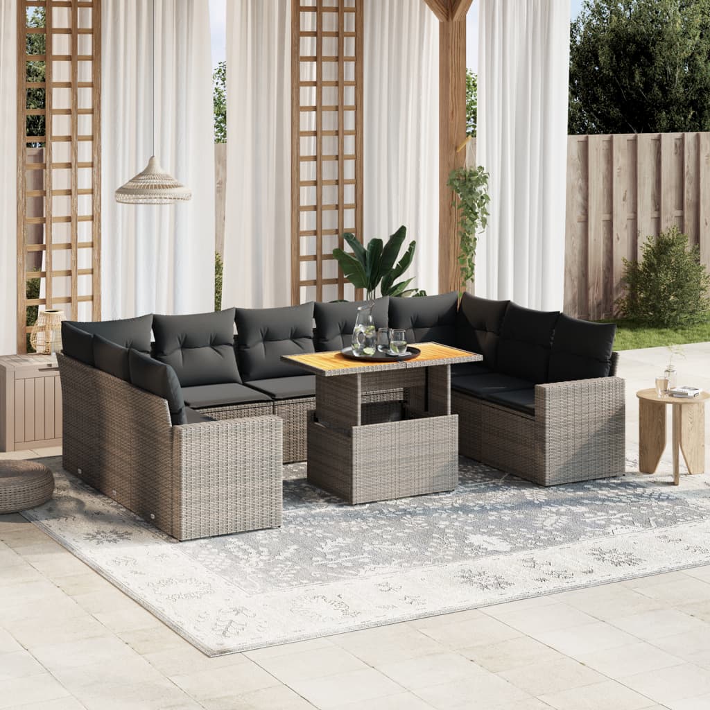 10 Pcs conjunto sofás de jardim c/ almofadões vime PE cinzento