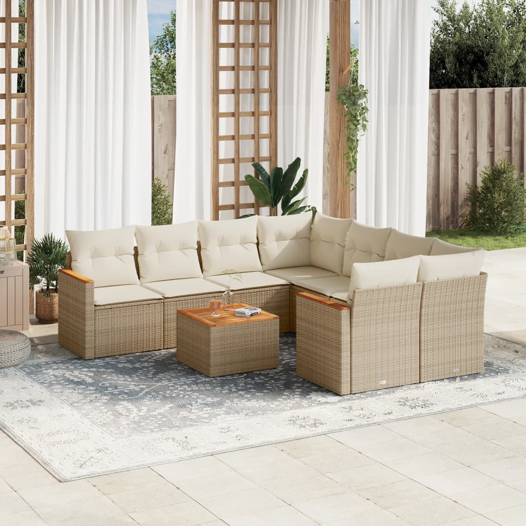 9 Pcs conjunto de sofás p/ jardim com almofadões vime PE bege
