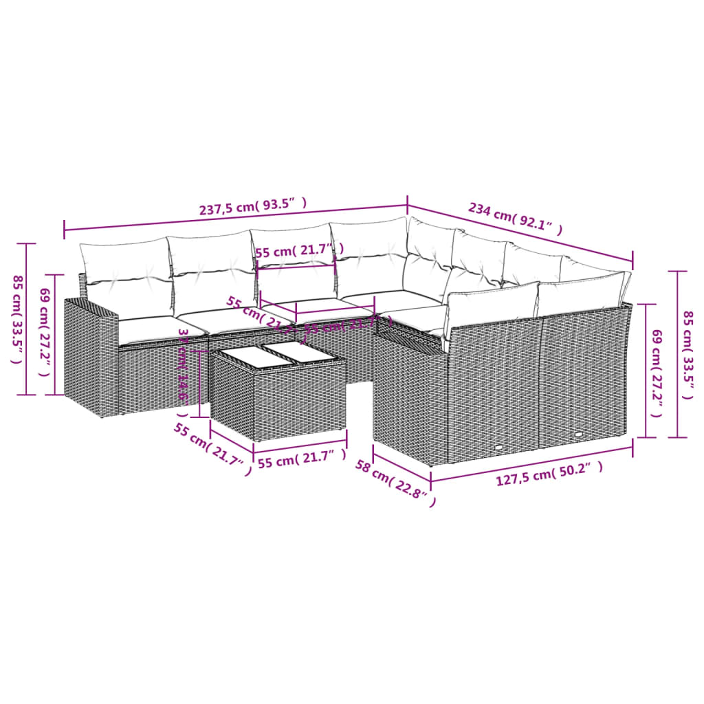 9 Pcs conjunto de sofás p/ jardim c/ almofadões vime PE preto