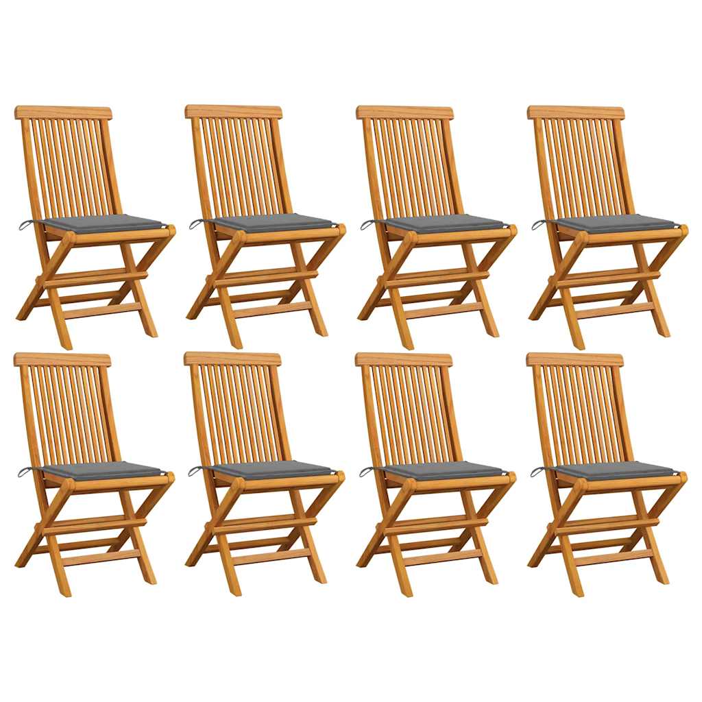 Cadeiras de jardim c/ almofadões cinzentos 8 pcs teca maciça