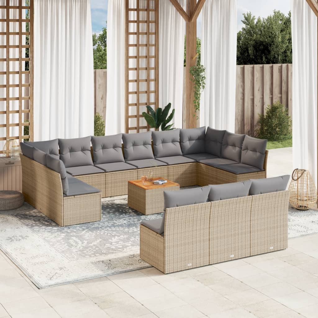 14 Pcs conj. sofás jardim c/ almofadões vime PE bege misturado