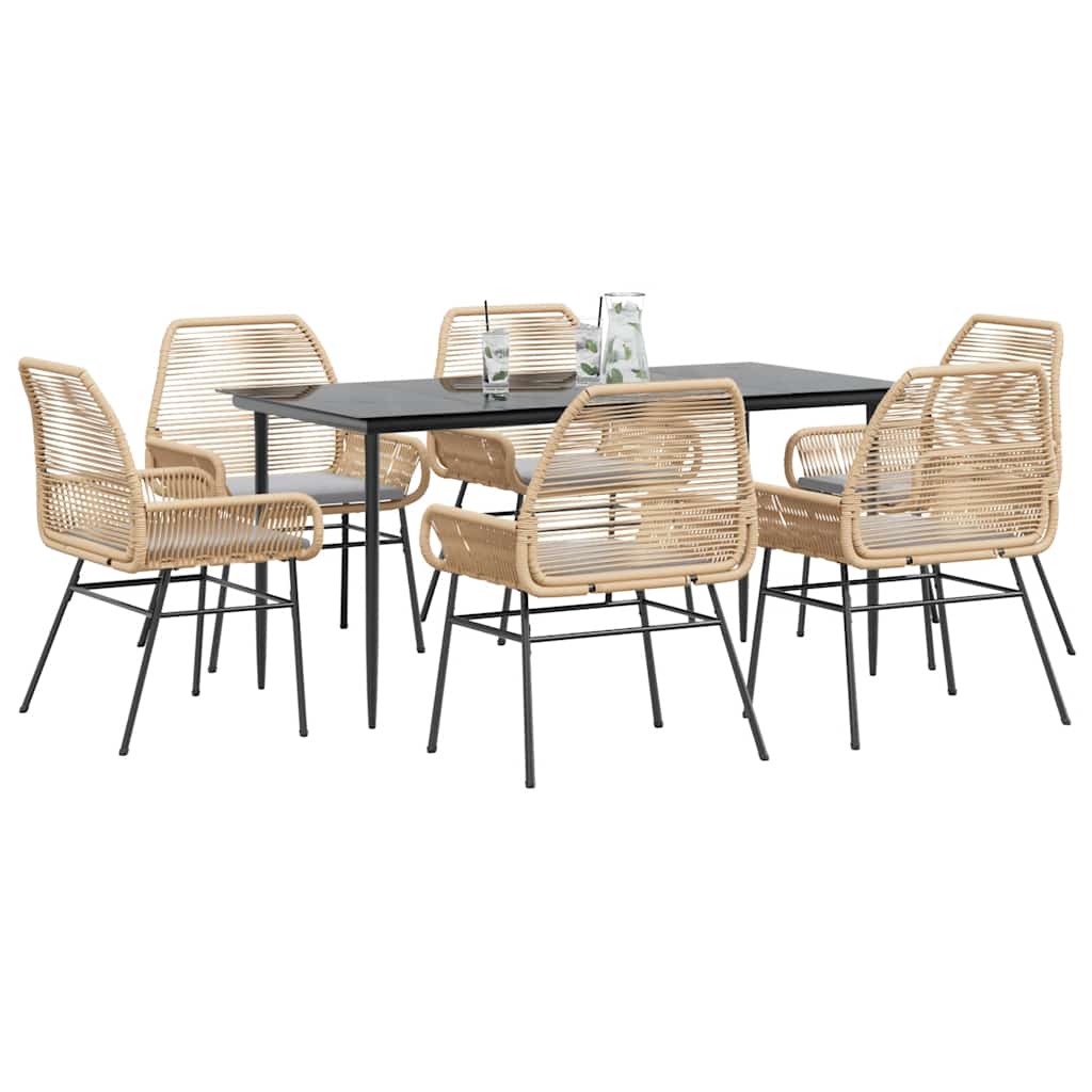 Conjunto jantar jardim 7 peças almofadas vidro vime PE castanho