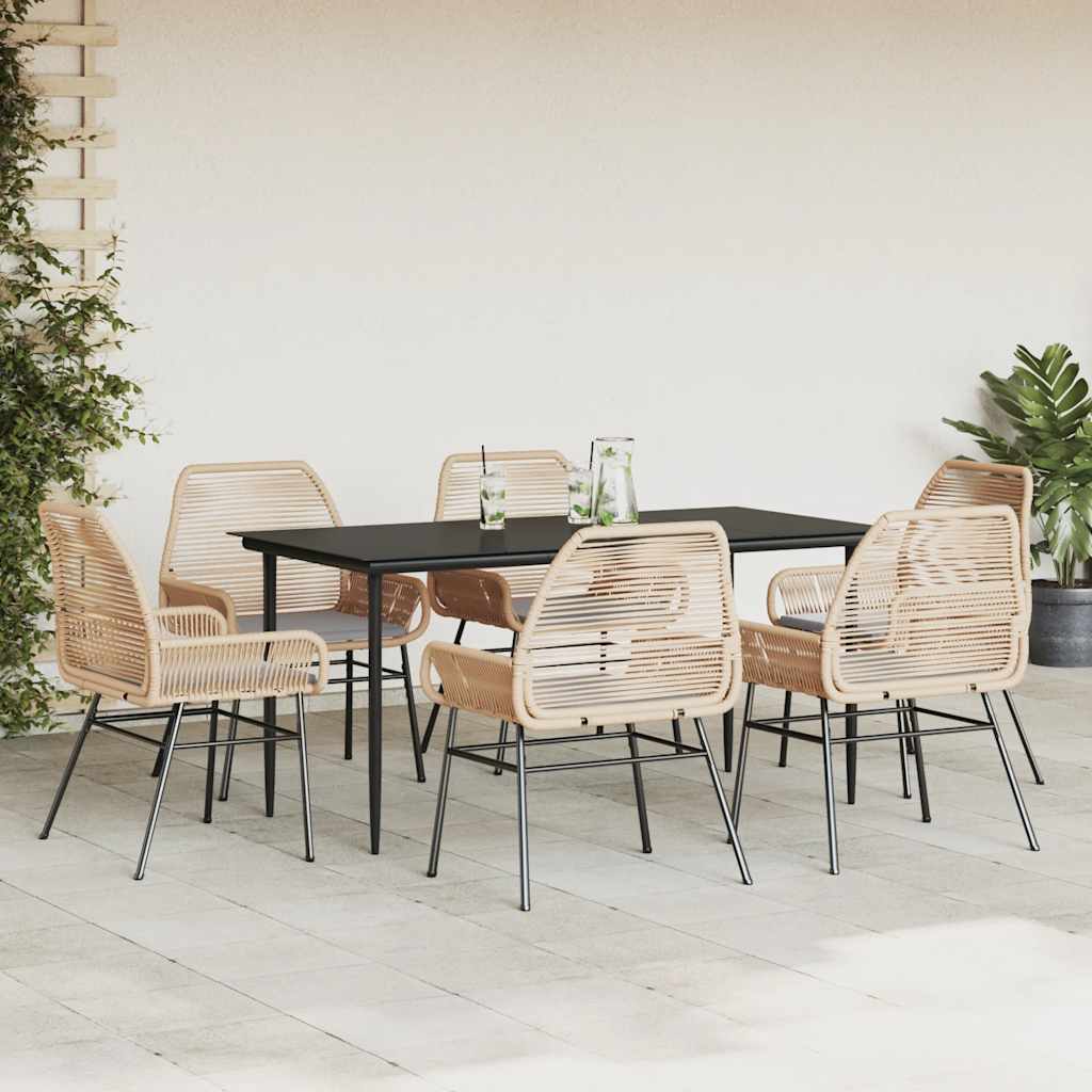Conjunto jantar jardim 7 peças almofadas vidro vime PE castanho