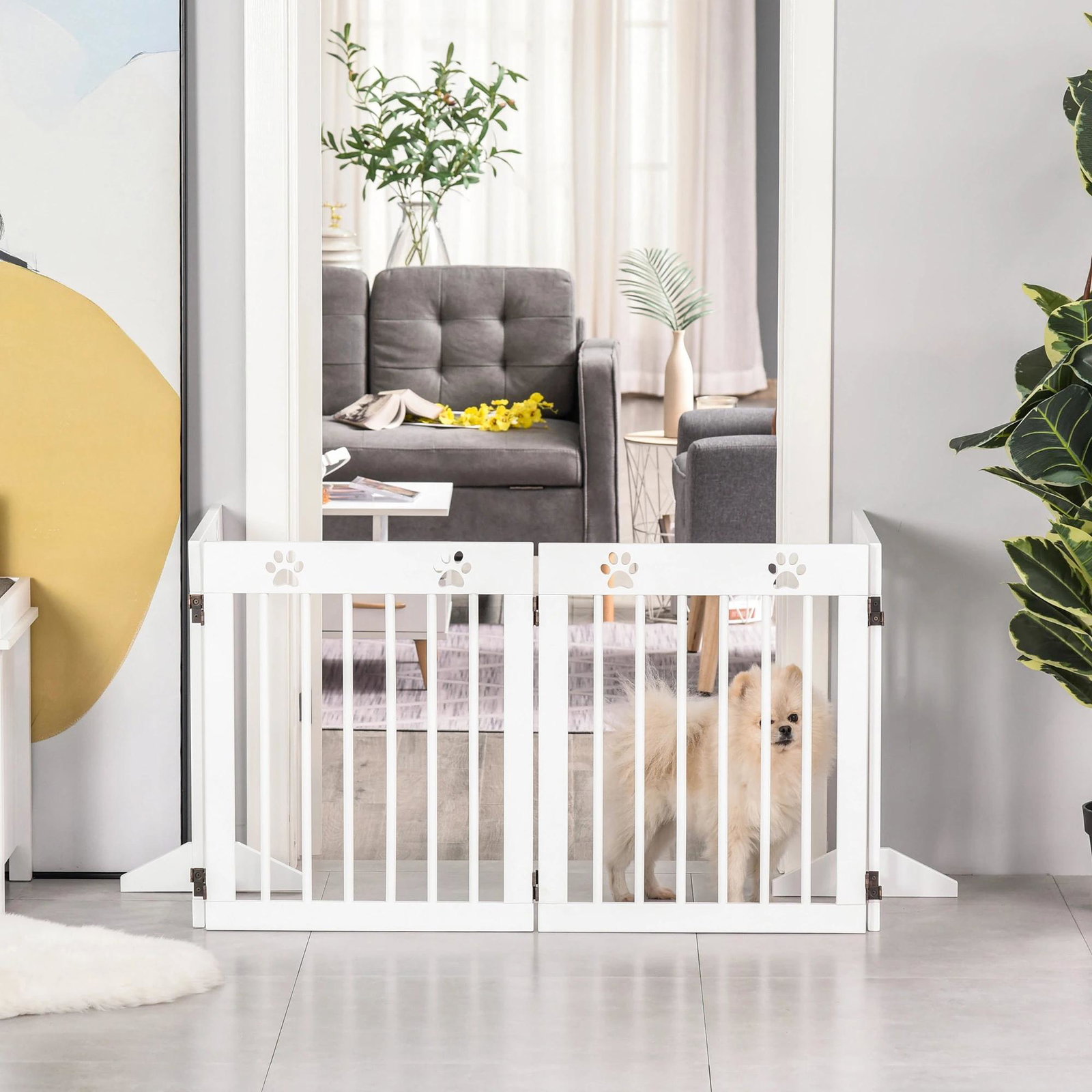 Barreira de segurança dobrável para cães grade de proteção de 4 painéis com pés para portas escadas corredor 204x30x61cm branco