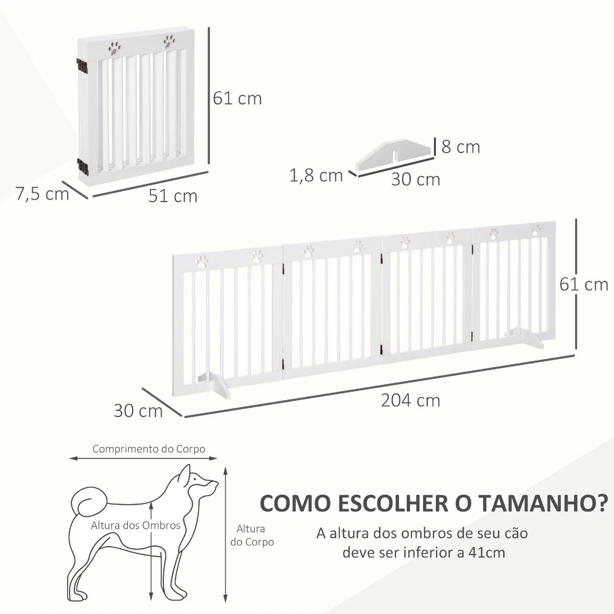 Barreira de segurança dobrável para cães grade de proteção de 4 painéis com pés para portas escadas corredor 204x30x61cm branco