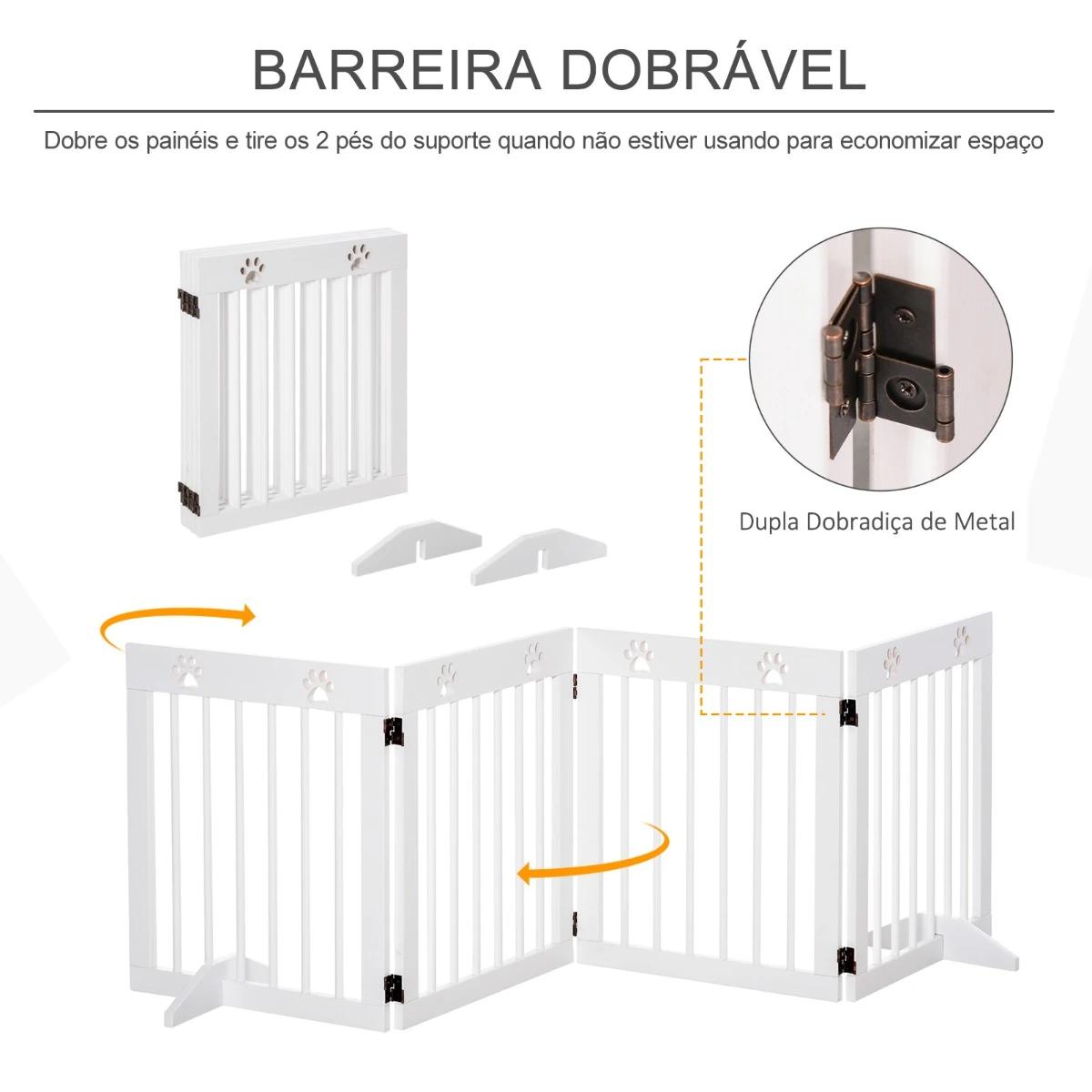 Barreira de segurança dobrável para cães grade de proteção de 4 painéis com pés para portas escadas corredor 204x30x61cm branco
