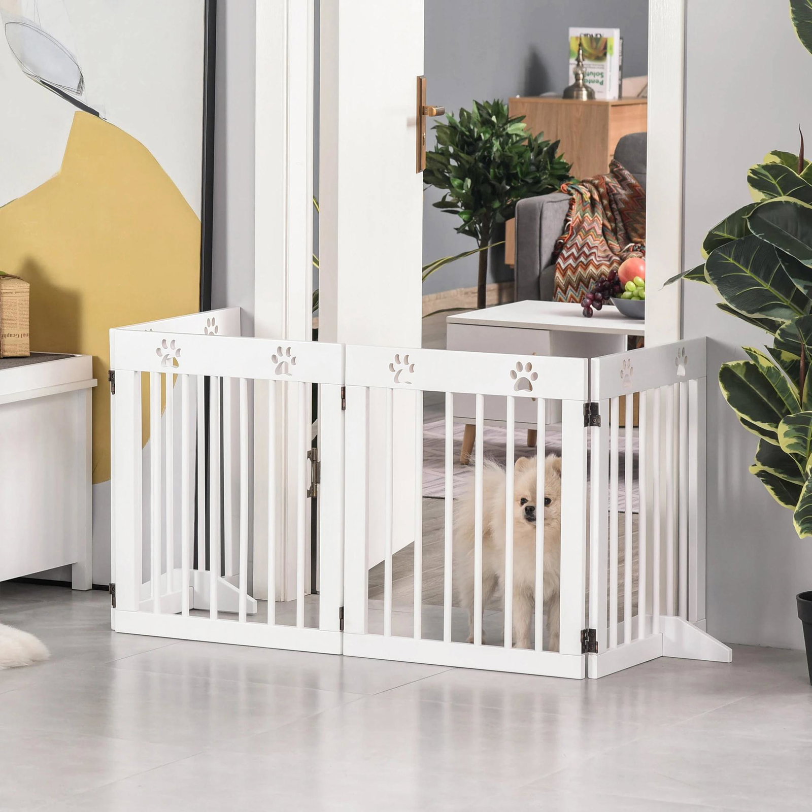 Barreira de segurança dobrável para cães grade de proteção de 4 painéis com pés para portas escadas corredor 204x30x61cm branco