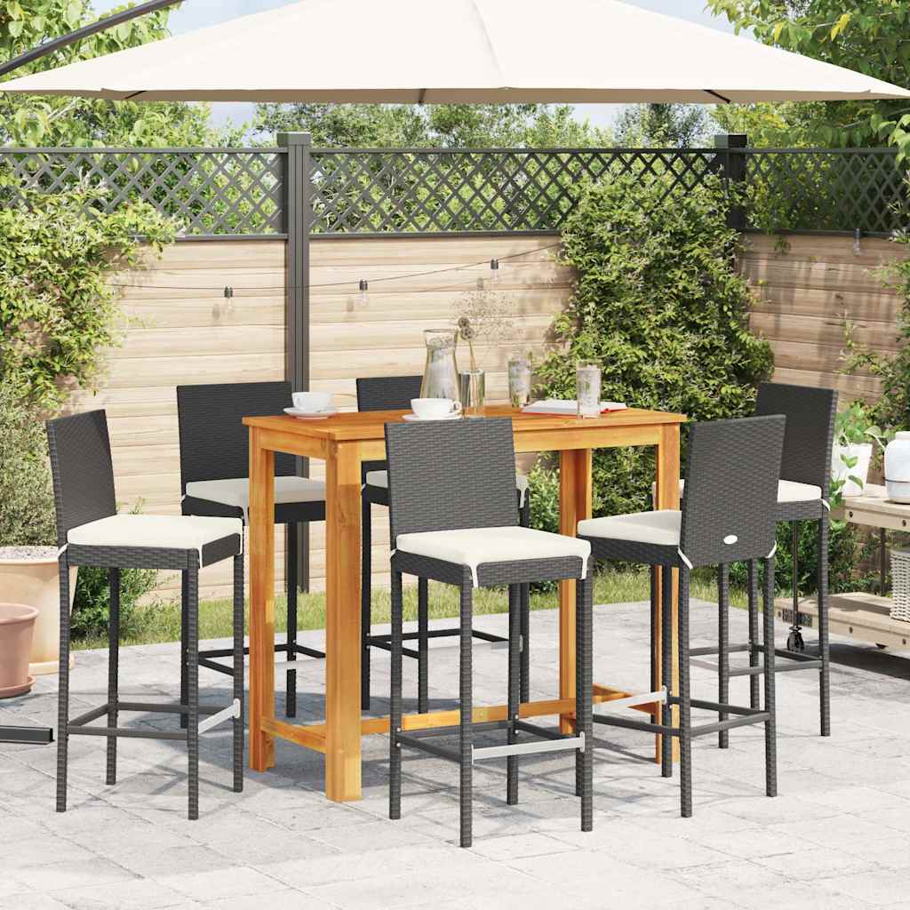 7 Pcs conjunto de bar para jardim vime PE/acácia maciça preto