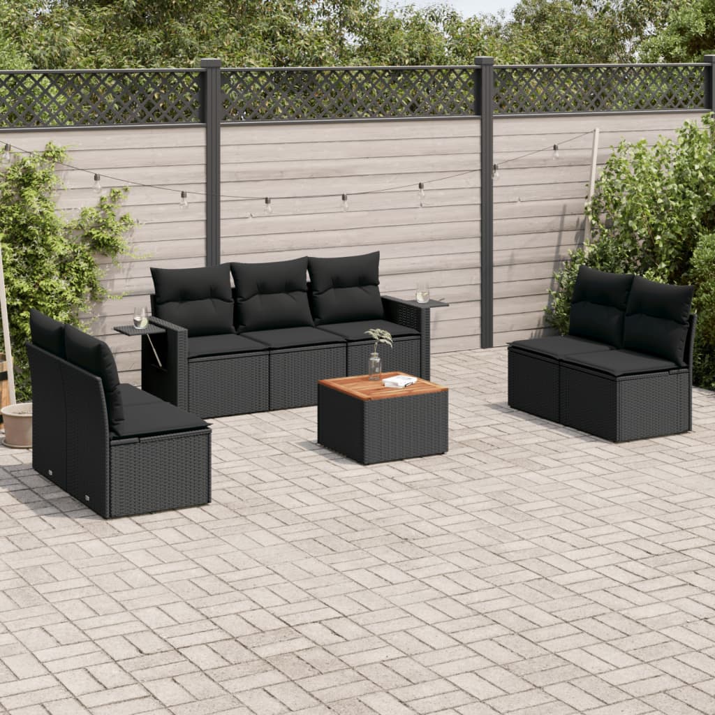 8 Pcs conjunto sofás de jardim com almofadões vime PE preto