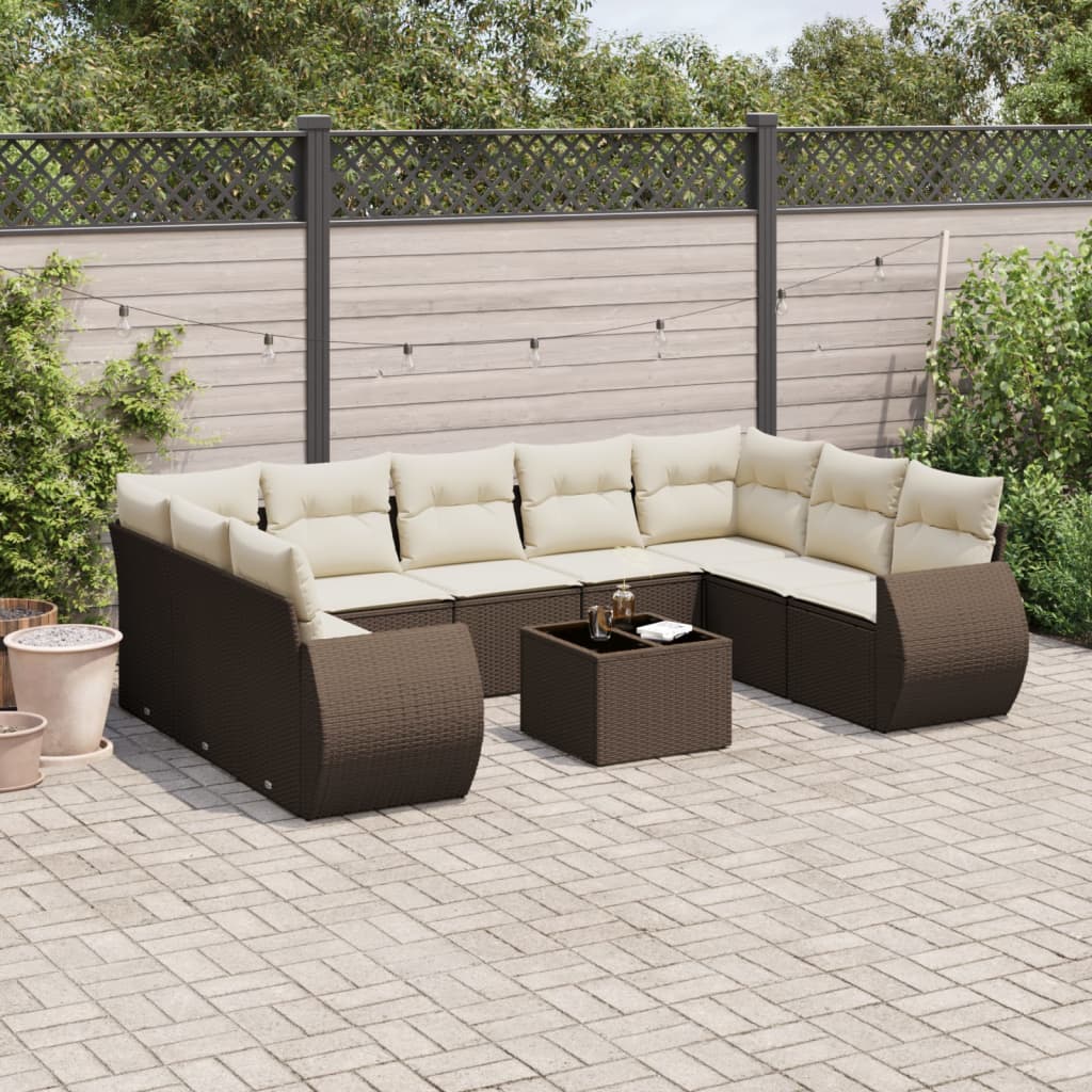 10 Pcs conj. sofás jardim com almofadões vime PE castanho