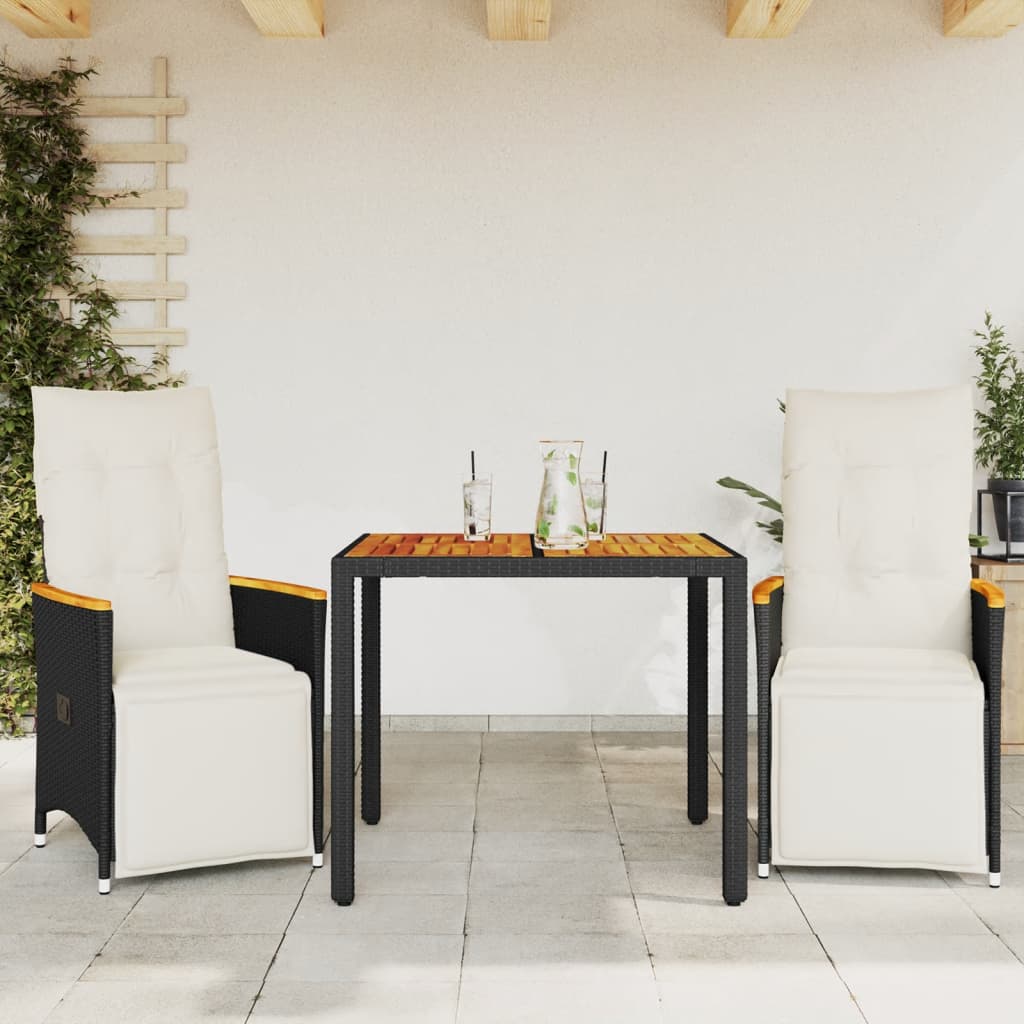 3 Pcs conjunto bistrô de jardim c/ almofadões vime PE preto