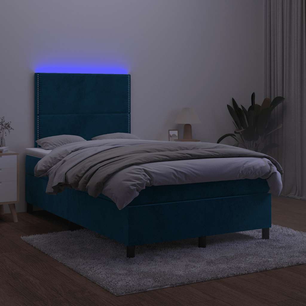 Cama box spring c/ colchão/LED 120x200 cm veludo azul-escuro