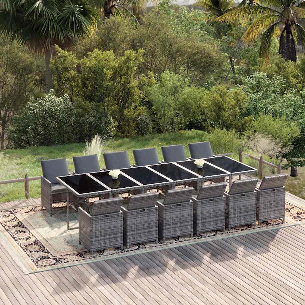 13 Pcs conjunto jantar p/ jardim c/ almofadões vime PE cinzento