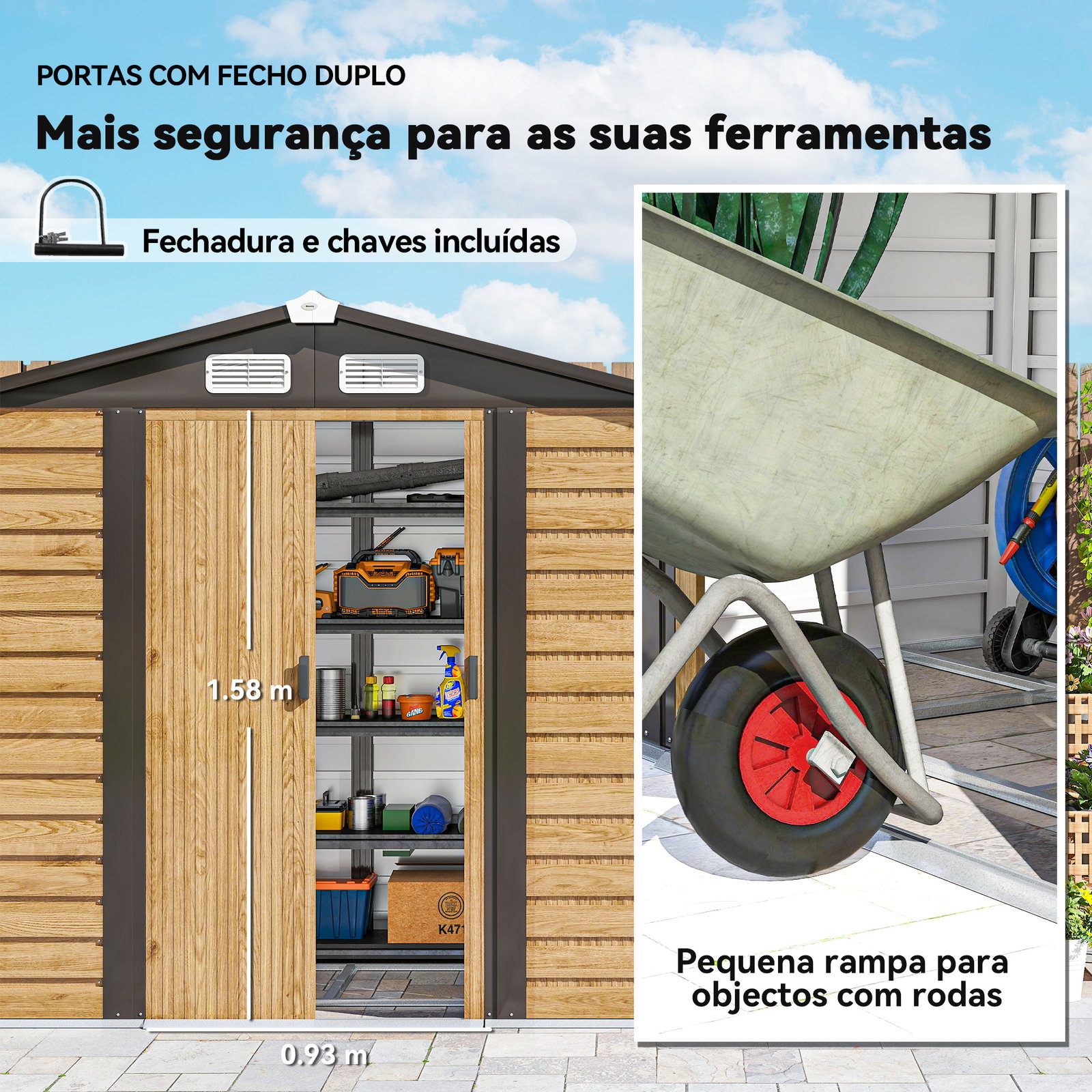 Abrigo de jardim exterior 2,36m² 213x120x194 cm com base reforçada (piso não incluído) e portas de correr madeira e marrom