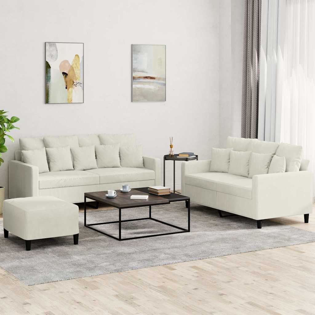 3 Pcs conjunto de sofás com almofadões veludo cor creme